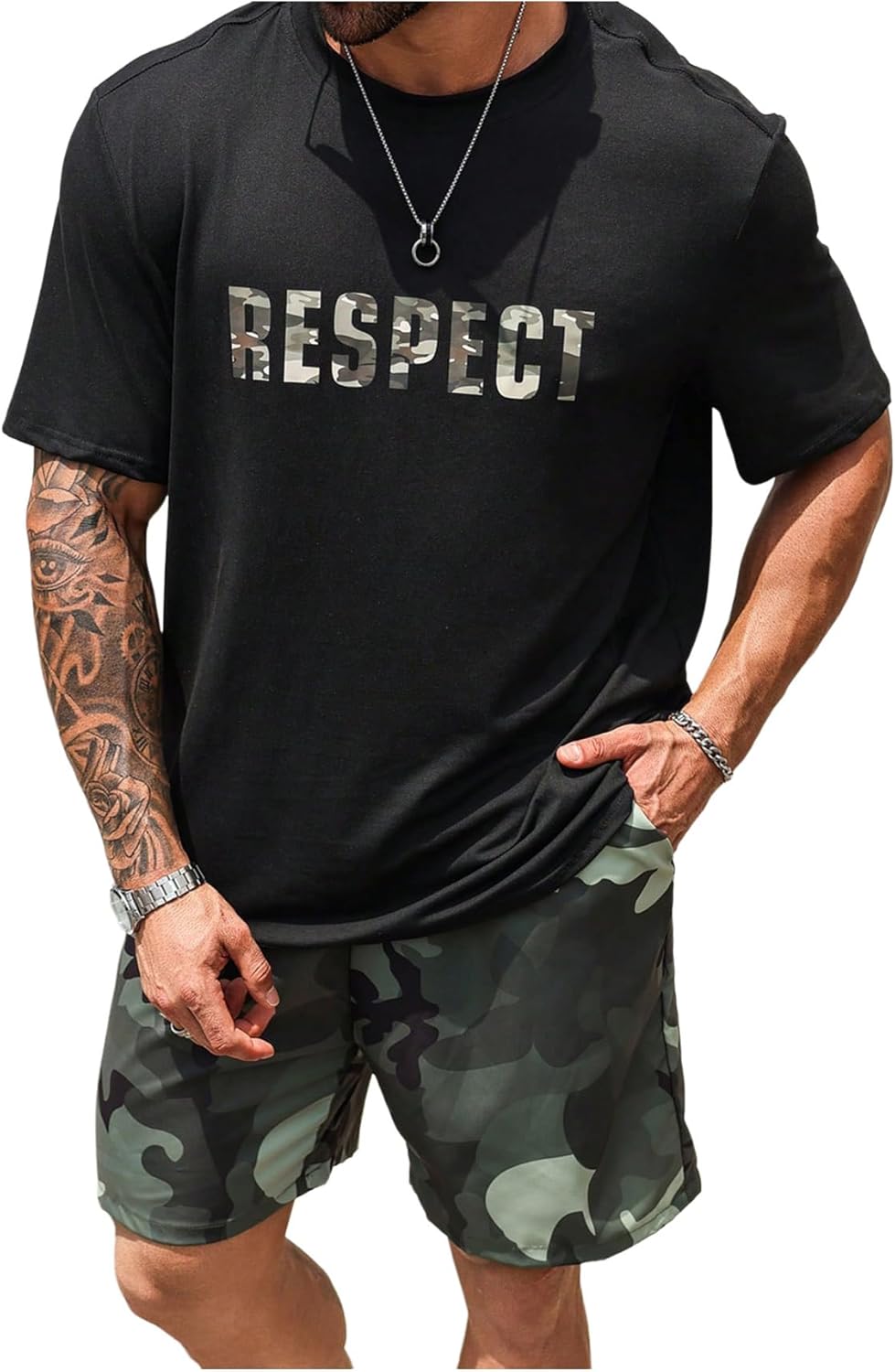 GORGLITTER Men's Big and Tall Shorts Set Outfits 2 Piece Camo Letter Graphic Tee Drawstring Shorts Tracksuit Set