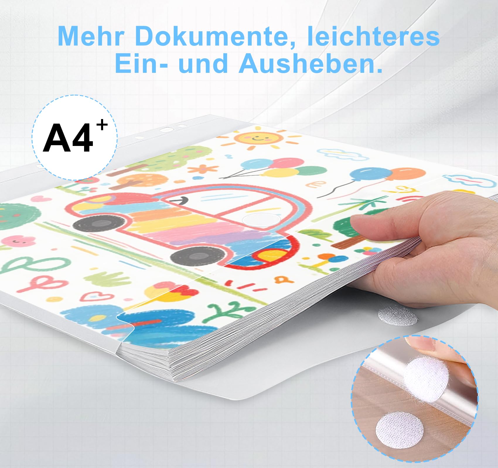 Agoer 48 Stück Dokumententasche A4 Klettverschluss, [ Breitere Größen ] Dokumentenmappe A4 zum Abheften, Sichttasche Transparent mit 11 Lochrand für Dokumente Organisieren mit Etikettentasche