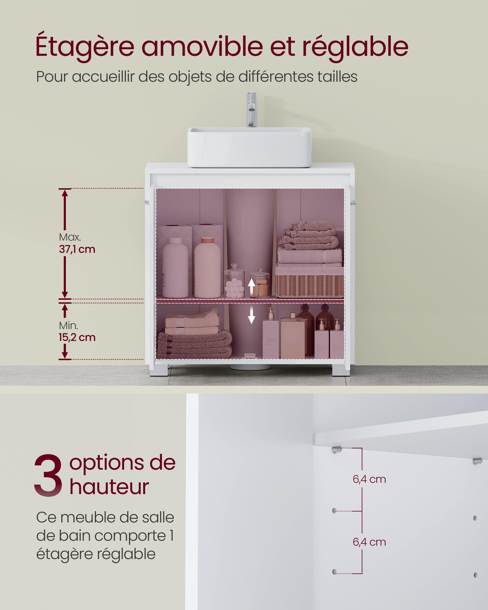 VASAGLE Meuble sous Lavabo, Meuble de Salle de Bain, 2 Compartiments derrière Les Portes, pour Divers Types de Lavabos, avec Pieds, 30 x 60 x 60 cm, Blanc Nuage BBK506W01