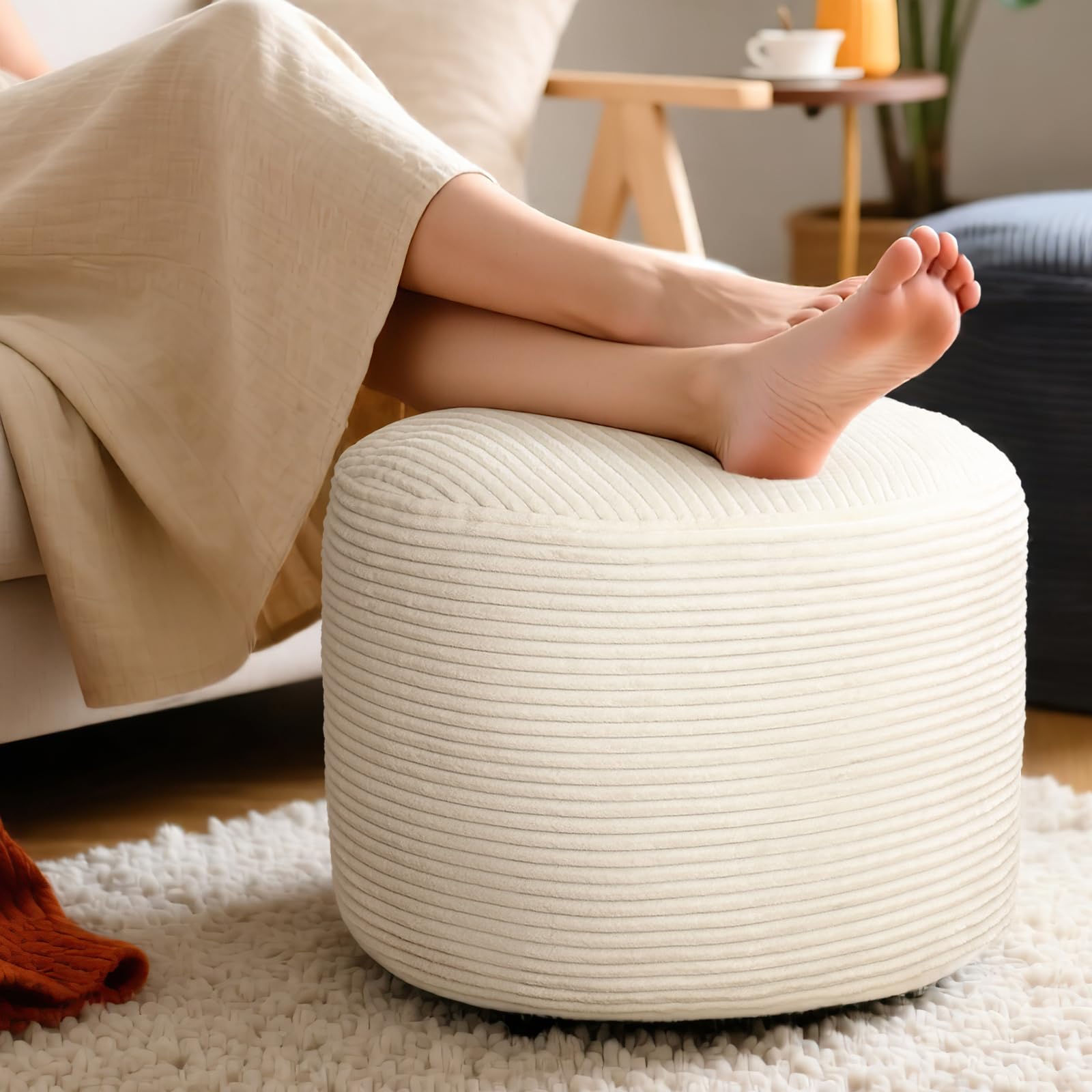 AMCATON Round Corduroy Ottoman Foot Rest Pouf for Living Room Couch - Soft Plush Shredded Foam Filled Hassock Stool, Comfy Footstool