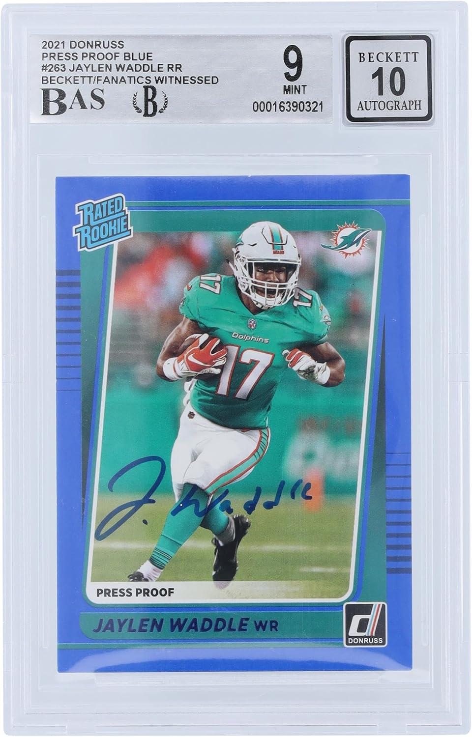 Jaylen Waddle Miami Dolphins Autographed 2021 Panini Donruss Rated Rookie Press Proof #263 Beckett Fanatics Witnessed Authenticated 9/10 Rookie Card - Football Slabbed Autographed Rookie Cards
