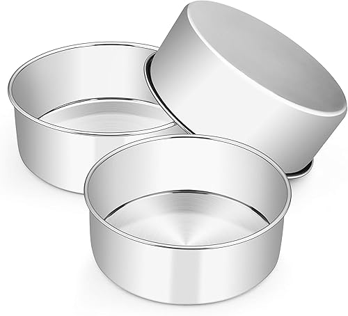 E-far - Juego de 3 moldes redondos de acero inoxidable de 8 x 3 pulgadas para hornear, moldes de metal profundo para tartas de capas pequeñas,