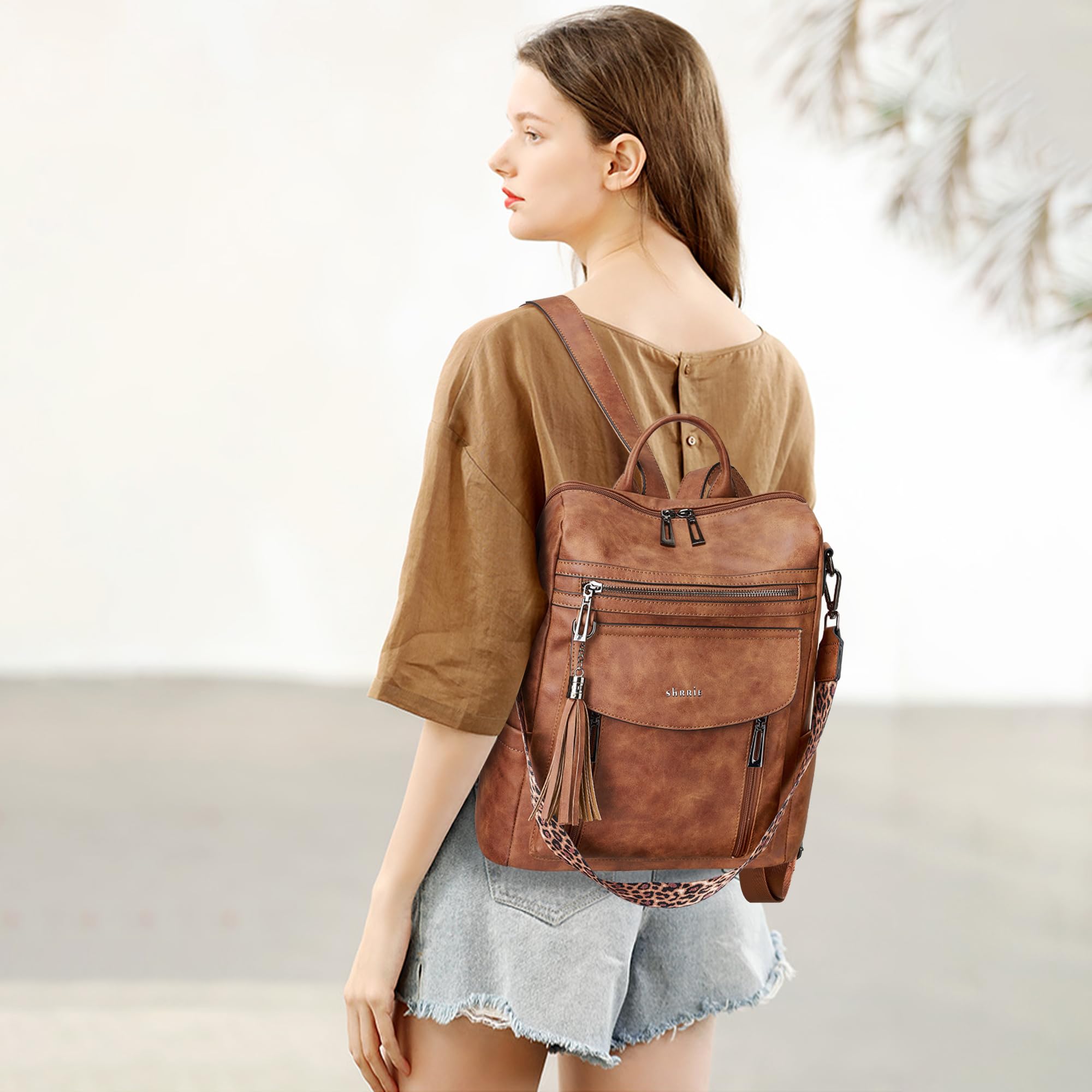 Shrrie Sac à dos pour femmes, sacs à main portés en cuir PU, élégant sac à dos anti-vol étanche convertible avec bandoulière amovible pour le travail Voyage Collège Gif