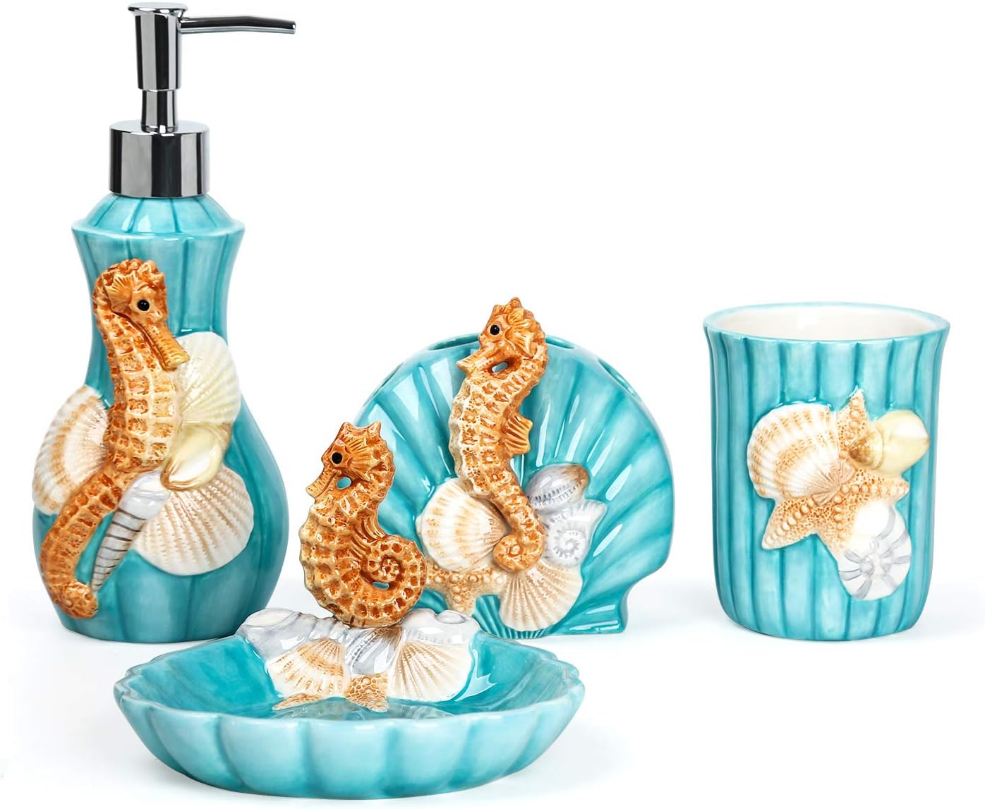 Ceramic Bathroom Accessories Set, 4 Piece 3D Floating Seahorse Shell Bathroom Ensemble Set with Toothbrush Holder, Toothbrush Cup, Soap Dispenser, Soap Dish -Green