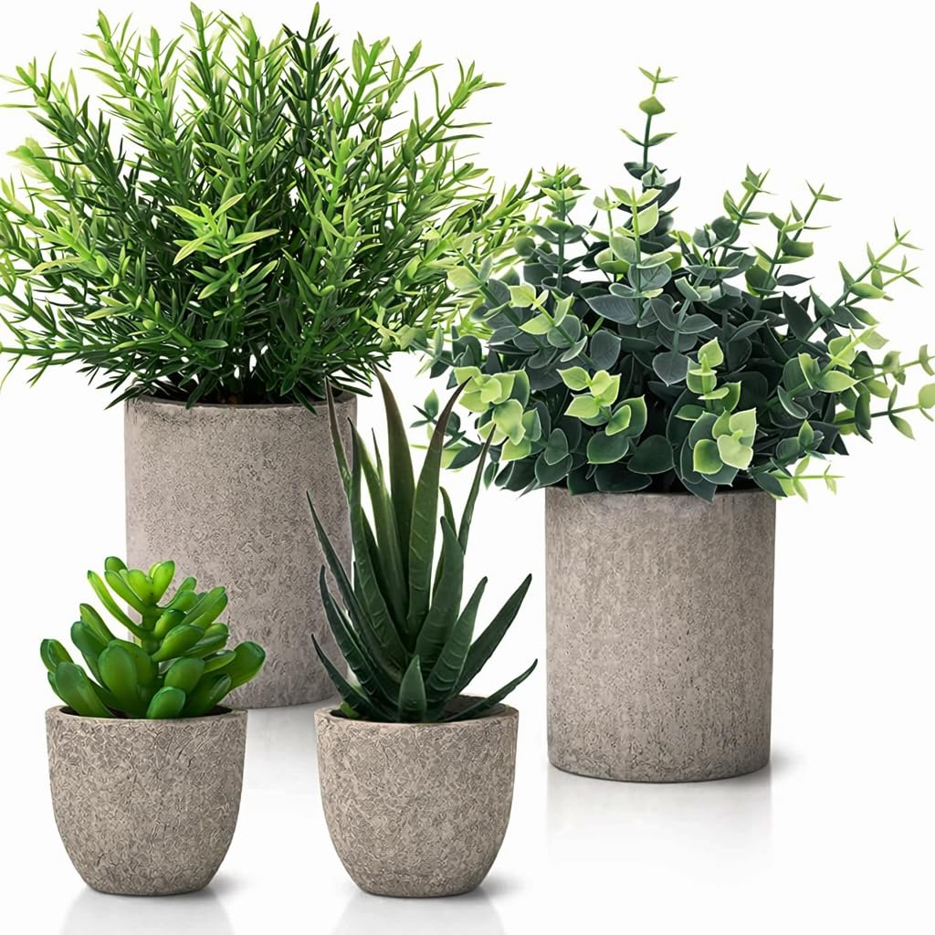 Debontres Green Fake Plants Set Of 4 Paper Pulp Decorative Artificial Plant Eucalyptus, Rosemary, Small Succulents Faux Plants For Office Desk Bedroom Kitchen House Decoration