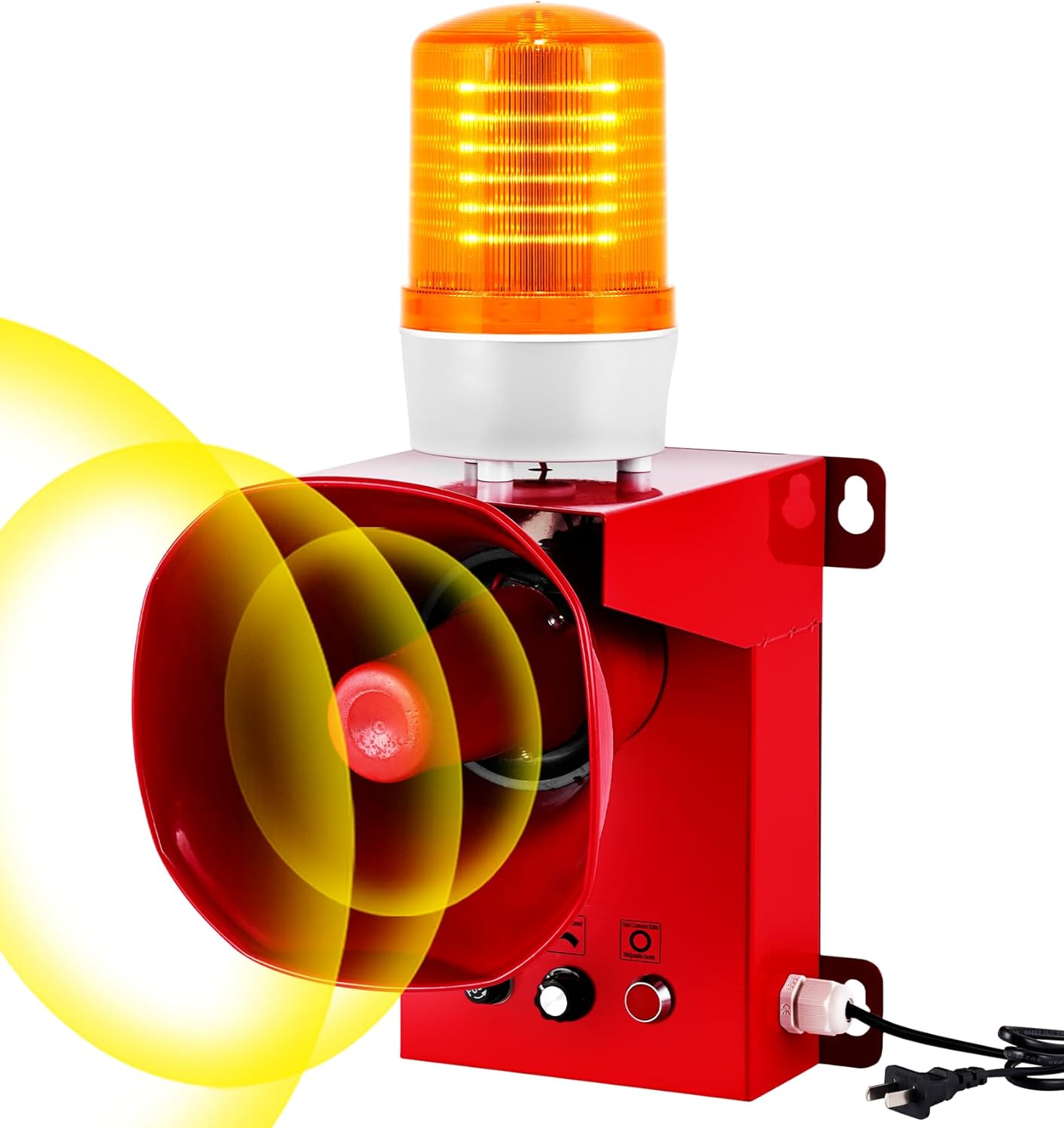 130dB Industrial Siren Alarm - Adjustable Volume & Tone, IP65 Waterproof Outdoor Alarm with Strobe Light for Warehouse, Office, Port, and Machinery (110, Volts)