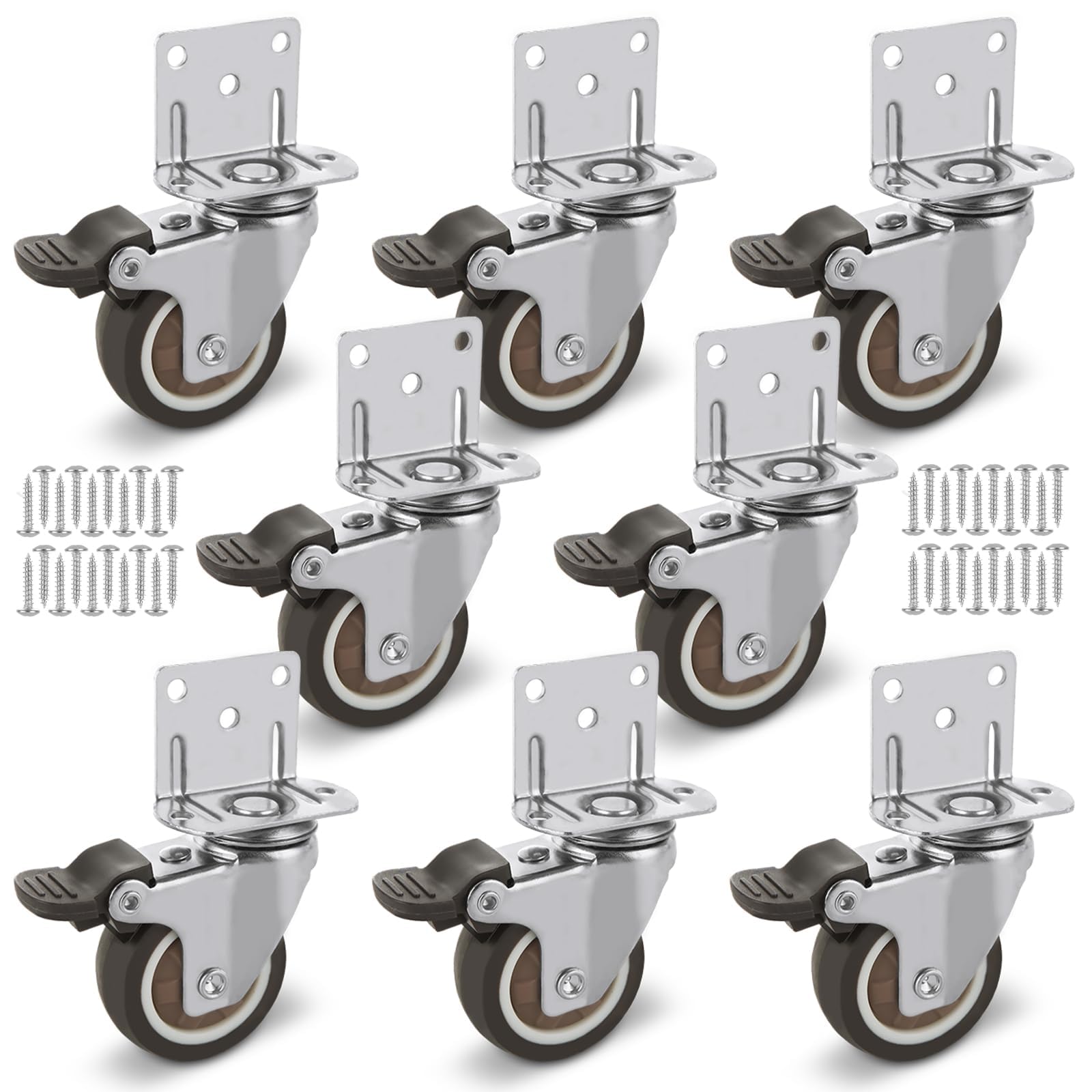 2" L-Shaped Caster Wheels Set of 8 Side Mount Casters with Brake & Screws 2 inch Locking Swivel Castors and No Noise TPR Rubber Wheel 360° Silent