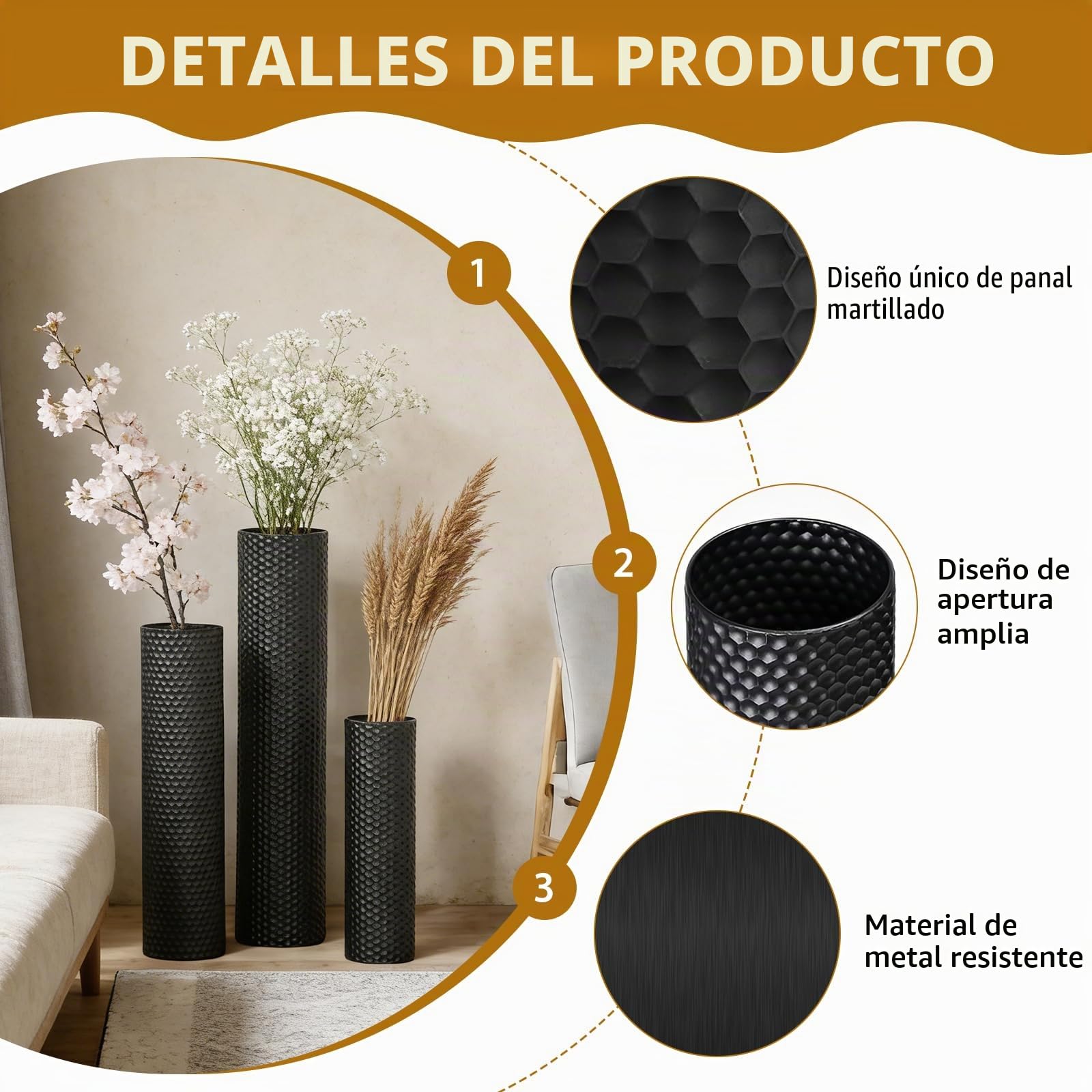 Jarrón de suelo grande, jarrón de metal negro, 70/55/40 cm