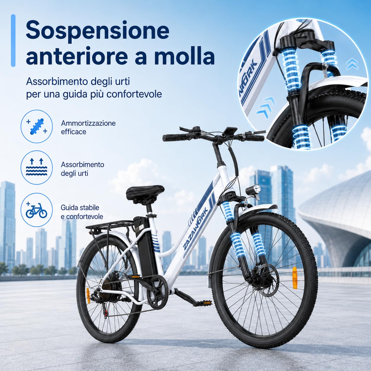 Bici Elettrica Uomo Donna 26 Pollici, E-Bike City con Motore 250W e Batteria 36V 20Ah, Autonomia 120km, Cambio 7 Velocità, Freni a Disco, Bicicletta Elettrica Economica