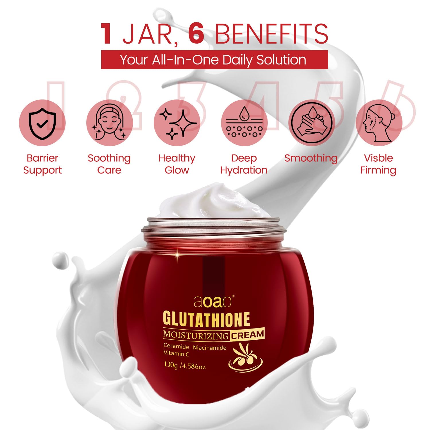 AOAO Glutathione Face Cream, Collagen Peptide Moisturizer for Women with Jojoa Seed Oil, Ceramide & Vitamin C, Barrier Repair, Skin Firming & Lifting, Reduces Wrinkles, Improves Elasticity 130g/4.6oz - Image 6