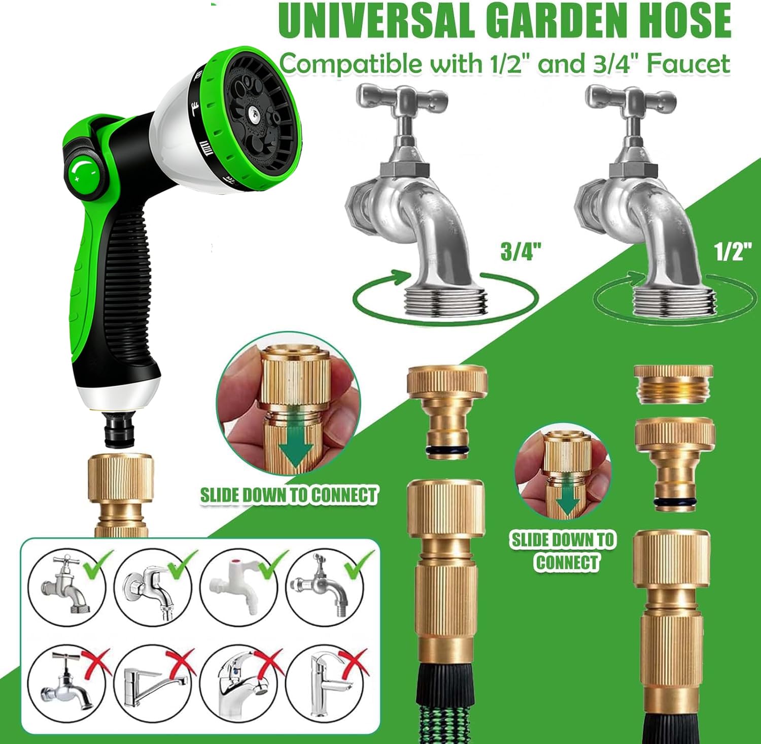 Tubo da irrigazione estensibile 37,5 M/125 FT con 10 modelli di spruzzatura, adatto per rubinetti da 1/2" e 3/4" Raccordi in metallo durevoli per giardino, irrigazione, pulizia