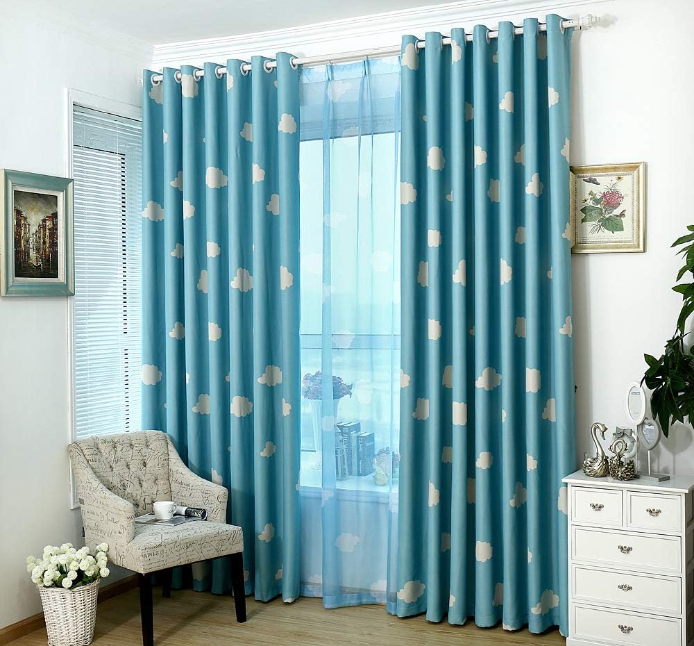 GYROHOME Blue and White Cloud Blackout Curtain Grommet Top Thermal Insulated Room Darkening Engery Saving Drape Noise Reducing No Formaldehyde, 2 Panel, 54x72inch