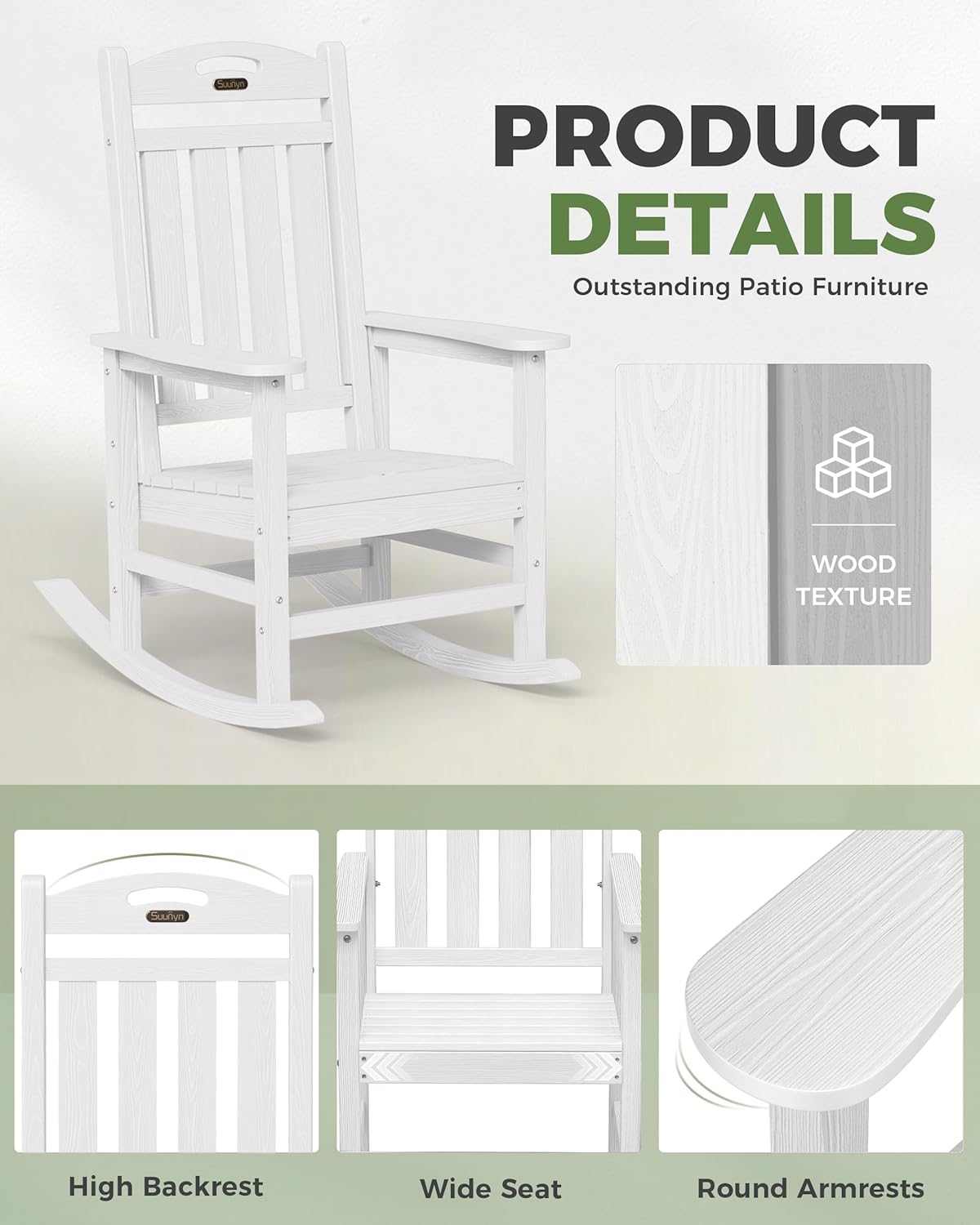 Outdoor Rocking Chair, High Back Porch Rocker,Outdoor Side Table– 17" HDPE Adirondack Side Table,High Back Porch Rocker Chair, All Weather Resistant HDPE Oversized Rocking Chairs