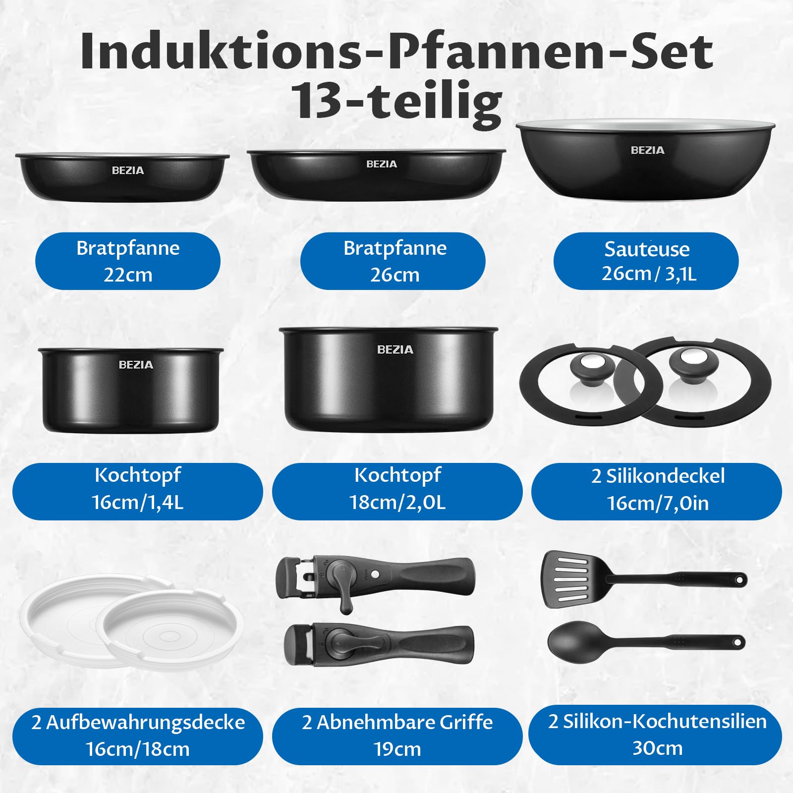 BEZIA Pfannen und Topfset mit abnehmbarem Griff, 13-tlg. Topf- & Pfannenset | Stapelbares Keramik Kochgeschirrset Induktion für Gesundes Kochen, PFAS/PTFE-frei, Ofenfest & Platzsparend für Küche/Camping