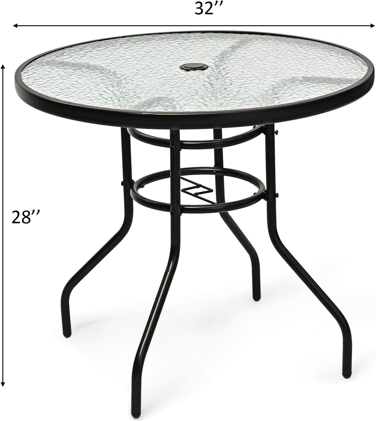 S AFSTAR Patio Bistro Table, Tempered Glass Table with 1.65” Umbrella Hole, Round Outdoor Dining Table, Round Patio Coffee Table for Deck Balcony Lawn Pool Backyard, 28”H x 32” D (Black)