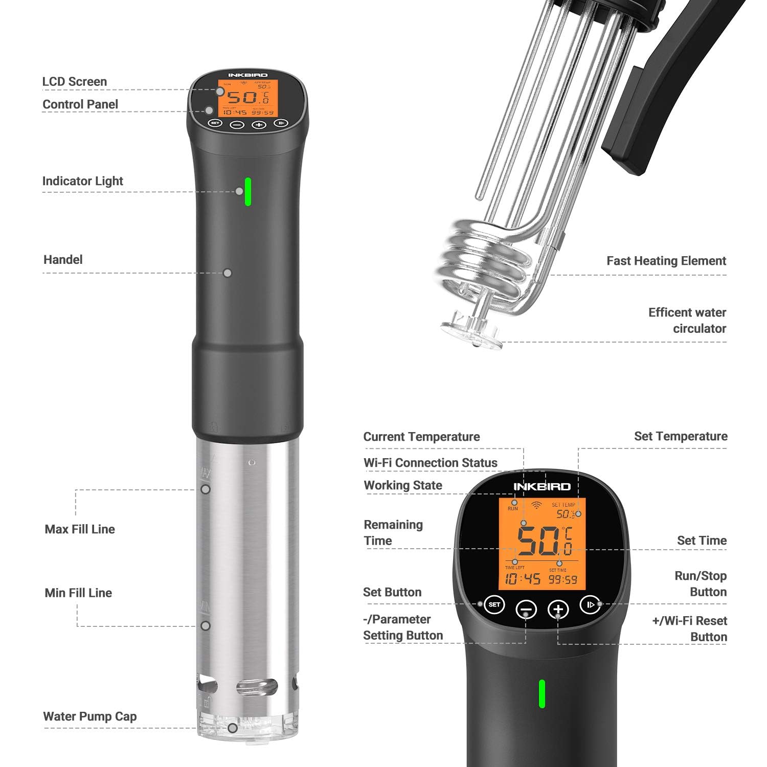 Inkbird Wi-Fi ISV-200W Sous Vide Roner Aparato de Cocina Precisión Circulador de Inmersión Termal con Pantalla LCD Naranja, 1000W Temporizador Ajuste de Temperatura, Máquina de Cocción al Vacío