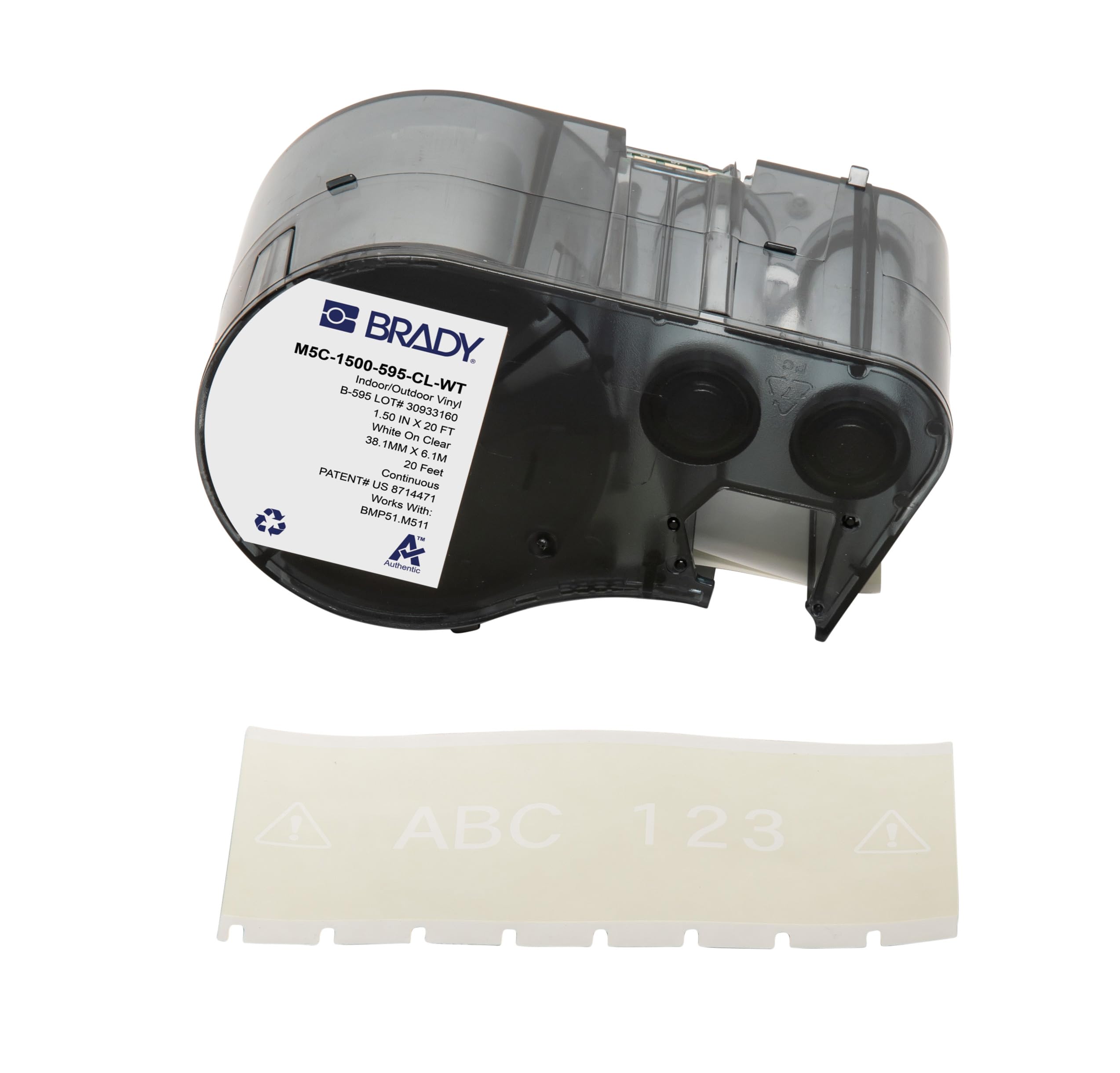 Brady Authentic (M5C-1500-595-CL-WT) All-Weather Permanent Adhesive Vinyl Labels 1.5 in W x 20ft White on Clear. for use with BMP51, M510, and M511 Label Printers.
