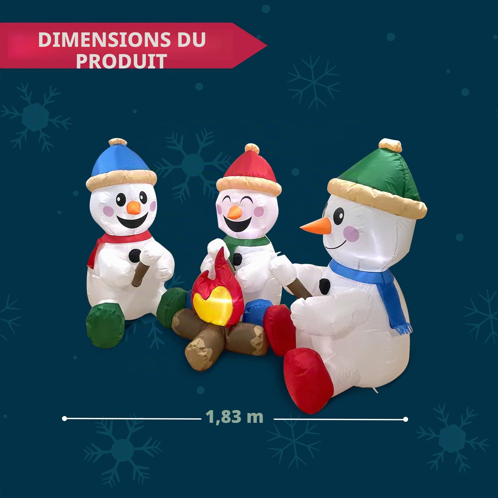 Joiedomi Bonhomme de Neige Gonflable de Noël de 1,8 m de Long avec feu de Camp, Lot de 3 Petits bonhommes de Neige avec LED intégrées Décoration de Noël Gonflable avec lumière pour fête de Noël