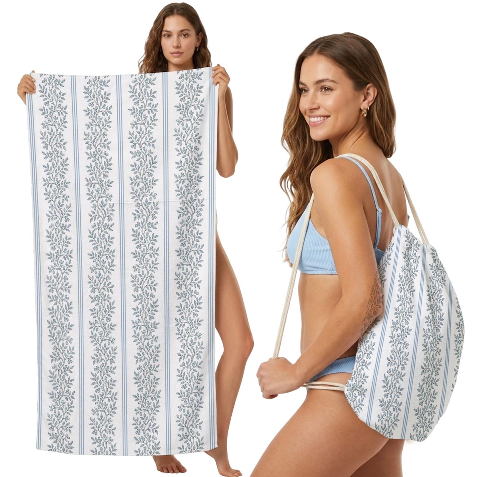 Beach Towel Bag 2 in 1 Blue Leafy Vines Bath Pool Towels Backpack Vertical Stripes Lines Absorbent Beach Towel Soft Quick Dry Lightweight Packable Towels Drawstring Bag for Travel Camping Sports Yoga