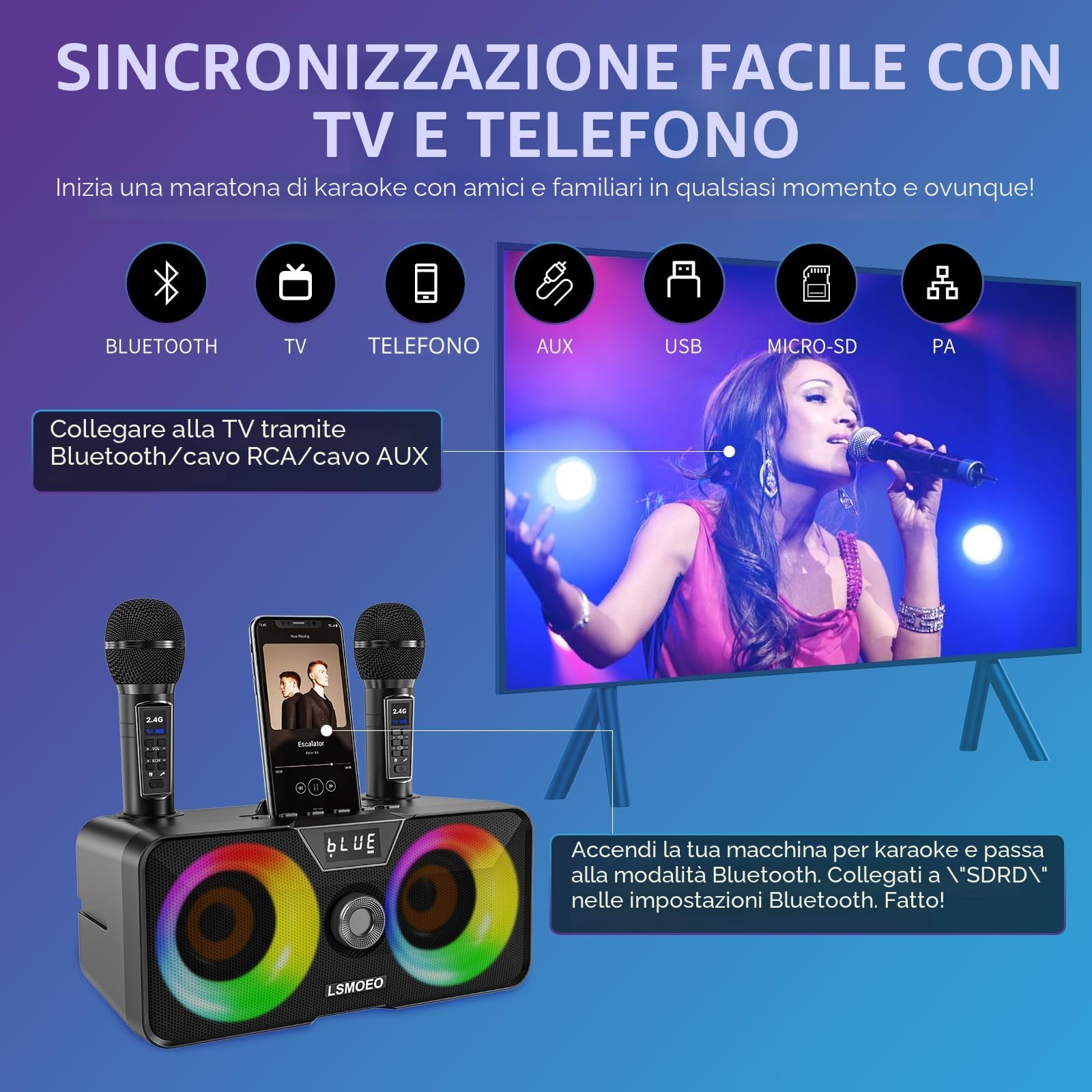 Casse Karaoke Portatile, Tutto-in-Uno Karaoke Professionale Completo con Cassa Bluetooth da 20W, 2 Microfoni Karaoke Wireless e Slot per Microfono Ricaricabile, Ideale per Karaoke Domestico