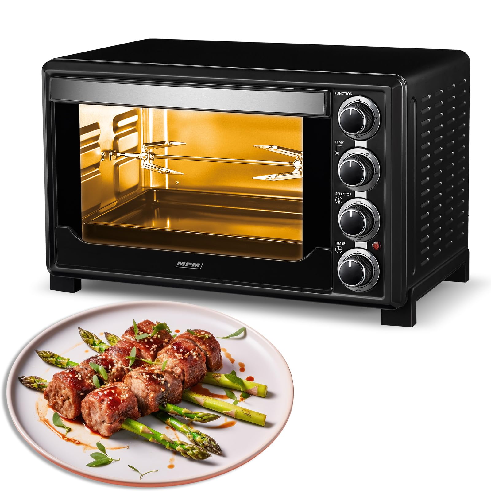 MPM MPE-05/T Forno a Convezione 32 Litri, Girarrosto per Polli Acciaio Inossidabile, Porta a Doppio Vetro, 5 Modalità di Calore, Timer, Regolazione della Temperatura, Nero, 1600W