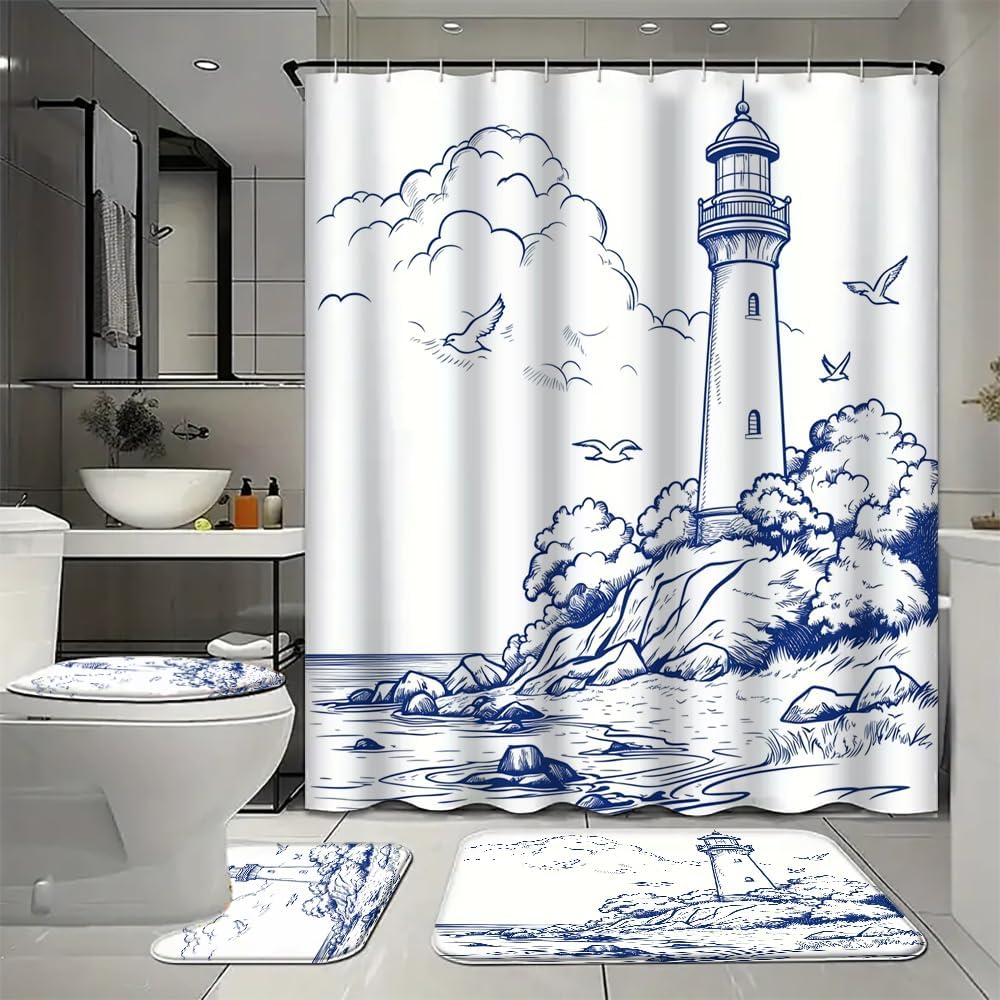 4Pcs Watercolor Lighthouse Waterproof Shower Curtain with 12 Hooks, Coastal Forest Birds Ocean Bathroom Curtains Set with Rug, U Shape Mat and Toilet Cover for Home Decor