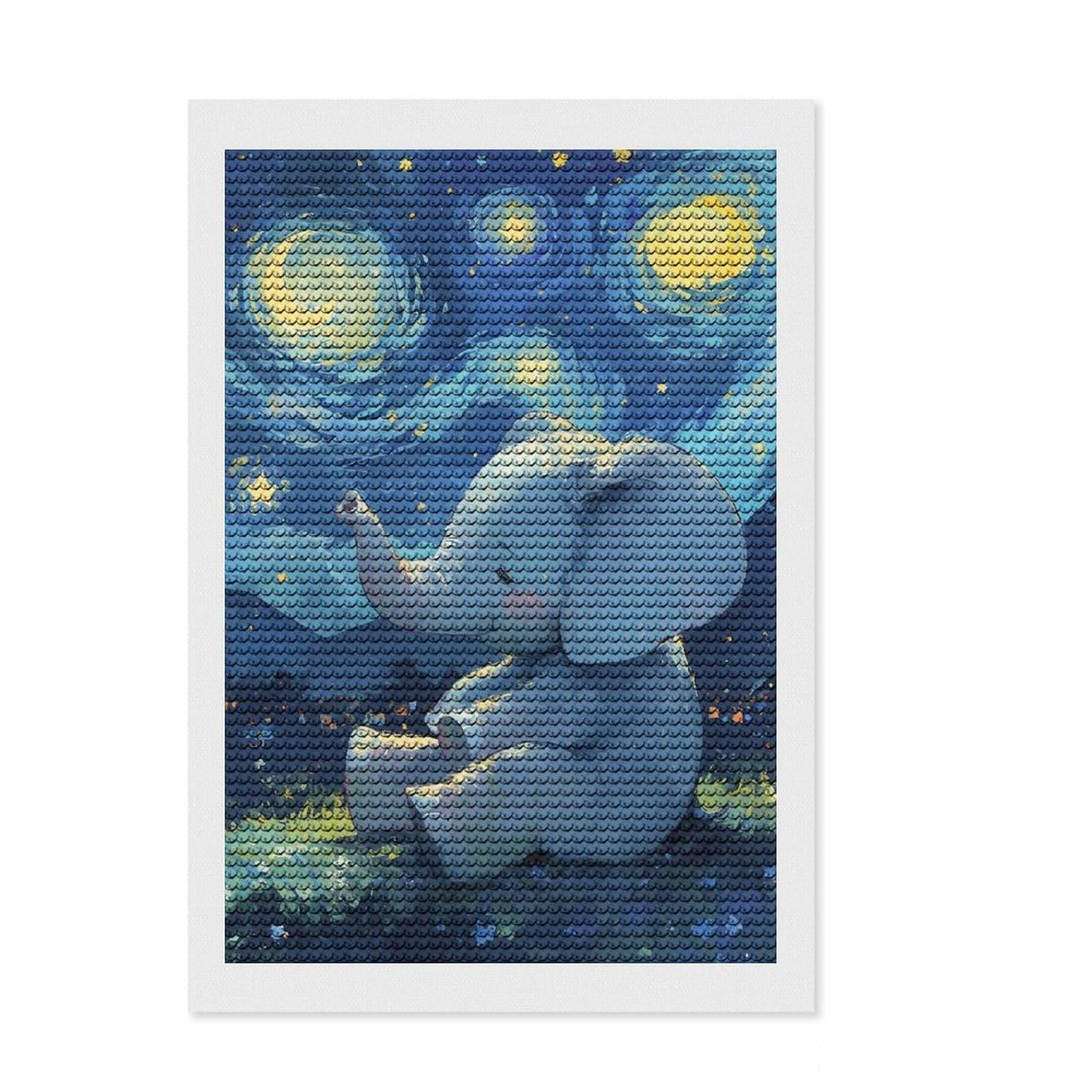 Junmoney Elephant Under Starry Night Sky Diamond Art Canvas 8"x12", for Beginners, Easy to Enjoy, Cosy Home Accent, Christmas Gift, Enjoyable At-Home Hobby