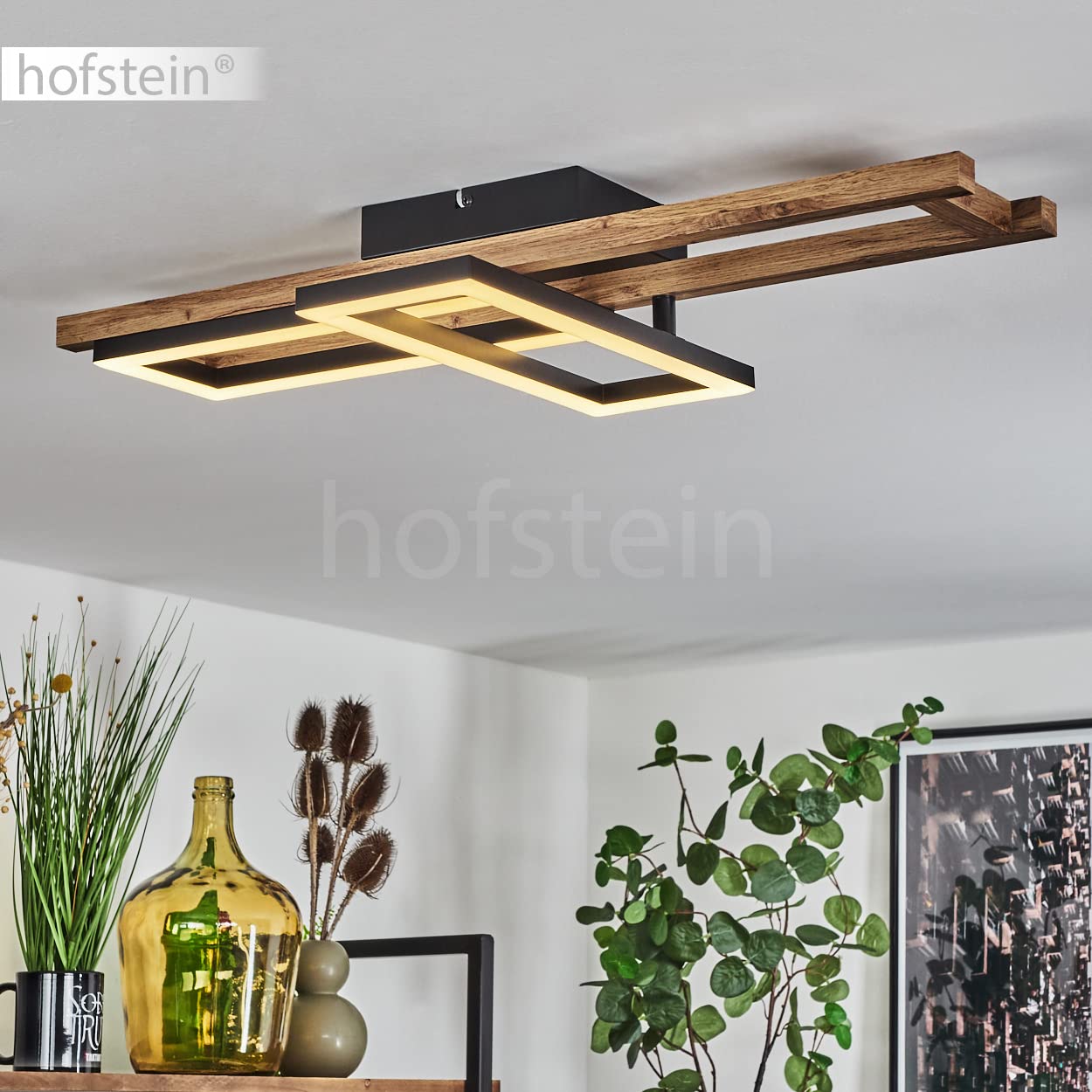 Lampa sufitowa LED Ayajasco, lampa sufitowa wykonana z metalu/drewna w kolorze czarnym/naturalnym/białym, 850 lumenów, 3000 K, 1 x LED 20 W (w zestawie), regulowana lampa z drewnianą ramą