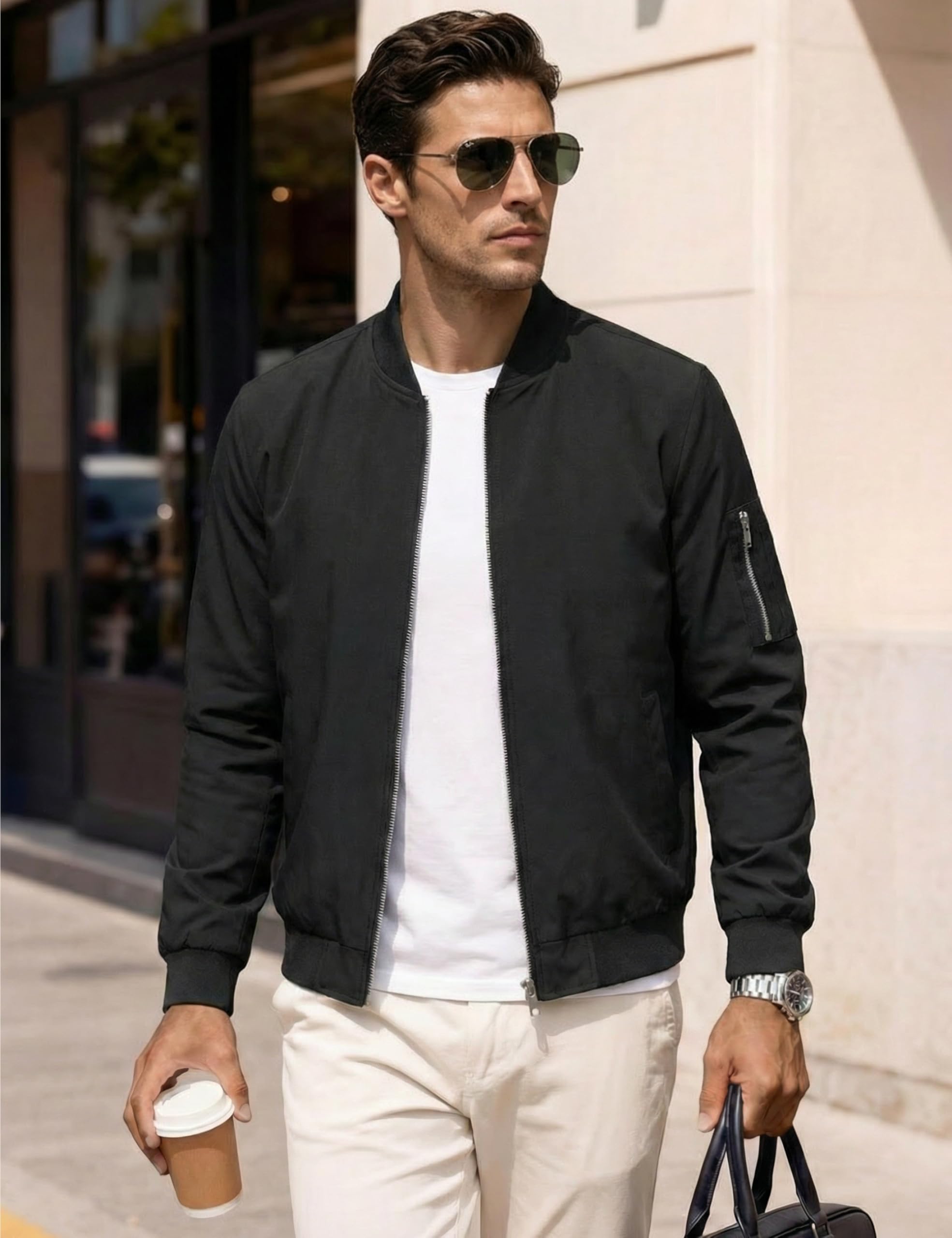 KEFITEVD Herren Leichte Dünne Bomberjacke mit Ärmeltasche Blouson Jacke Übergangsjacke Stehkragen US Fliegerjacke mit Innentasche