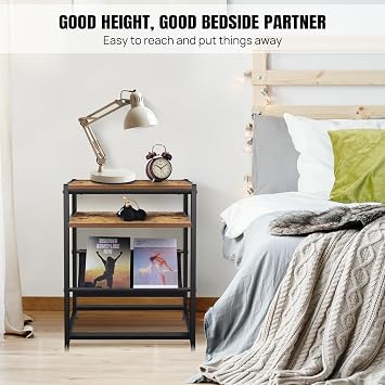 Slim Side Table with Storage Shelf, 3-Tier Narrow End Table for Small Spaces, Living Room,Bedroom, Office, Bedside Table Small Nightstand with Extra-Large Desktop, 43.3 x 18.3 x 55.8 cm, Rustic Brown