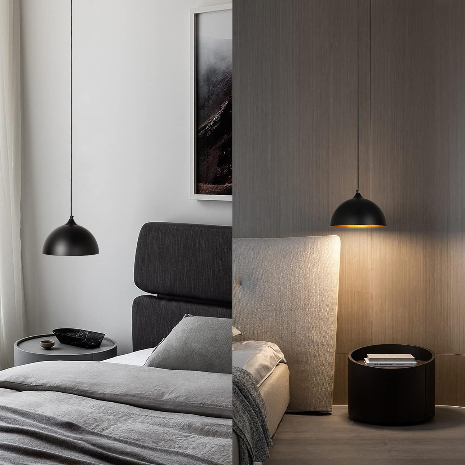 Modern Plug in Pulley Black and Brass Domed Pendant Light with 19.4ft Cord On/Off Switch, Retro Metal Barn Hanging Ceiling Lampshade for Farmhouse Kitchen Island Bedroom Hallway (2 Pack)