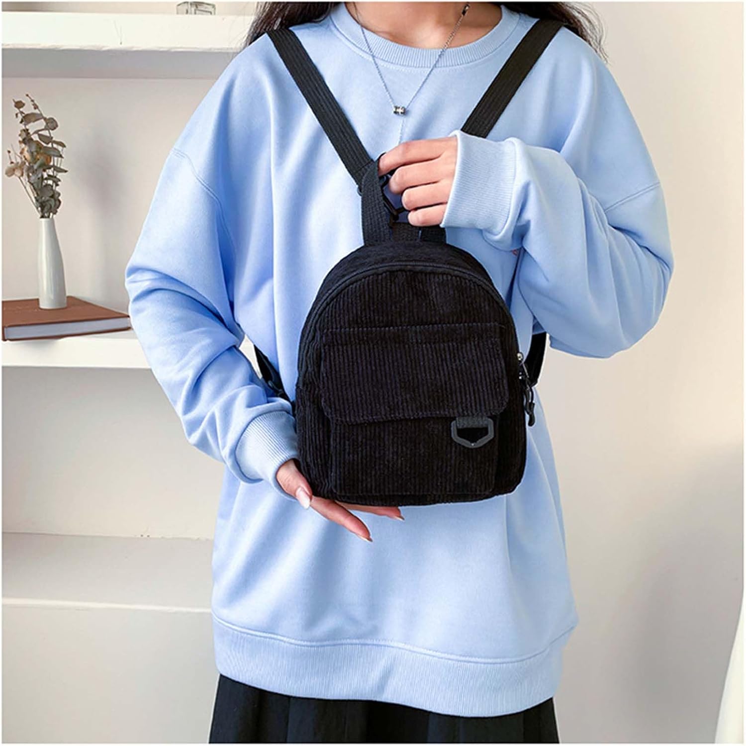 Corduroy Mini Backpack for Womens and Girls, Women's Small Backpack Casual Corduroy Backpacks Fashion Cute Backpacks Purse (Solid, Black) - Image 8