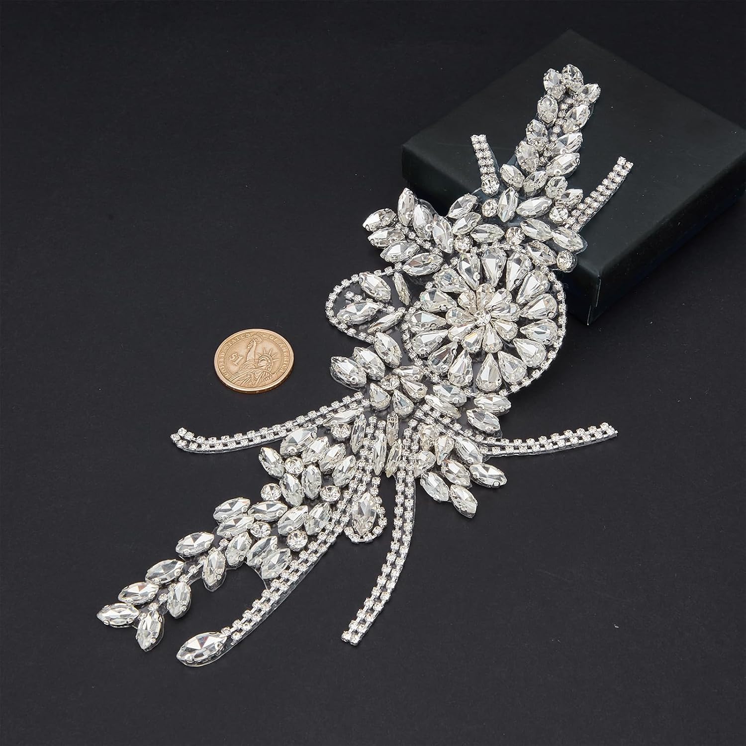 2Pcs Rhinestone Beaded Applique, Sparkly Floral Rhinestone Lace Appliques, Crystal Patches for Wedding Dress Decoration Clothes Accessory