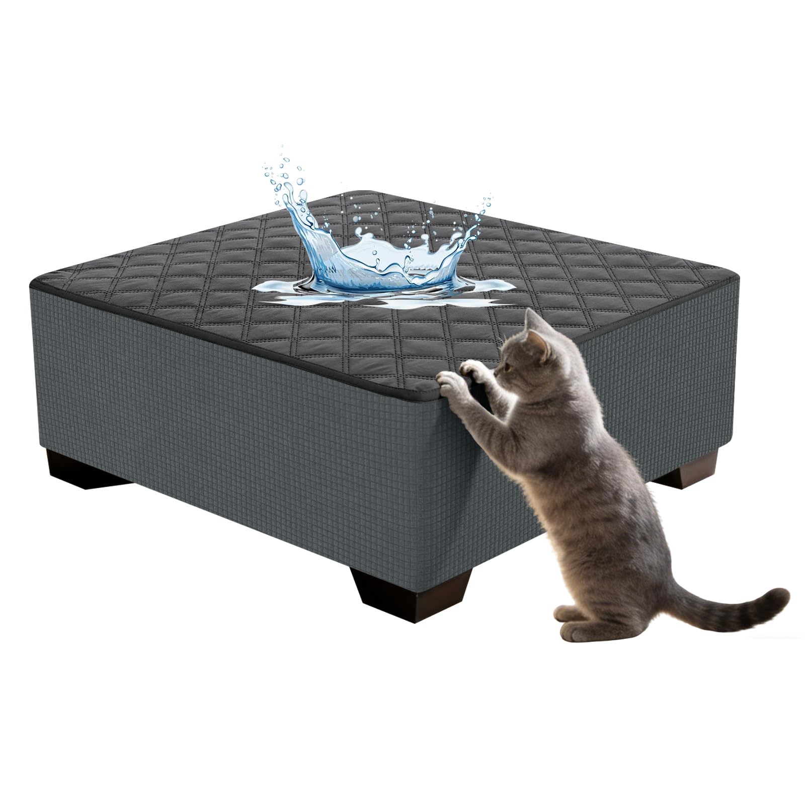 Funda Puff Rectangular XL Ajustable, Impermeable Cubierta Reposapies Sofa Acolchado Jacquard Funda Otomana Lavable Protector para Taburete Antiarañazos Gatos Gris