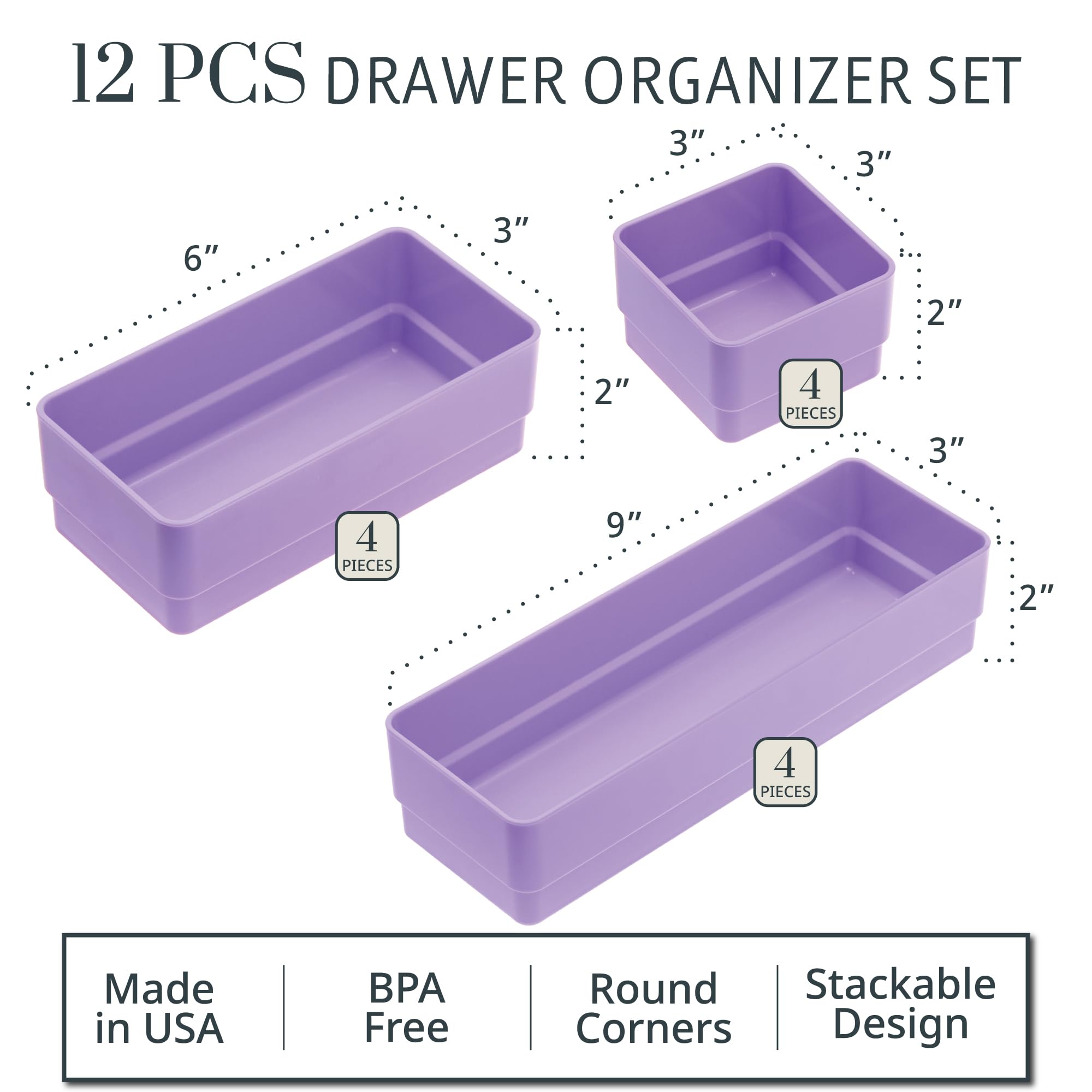 STORi SimpleSort 12-Piece Stackable Lilac Drawer Organizer Set | Multi-size Trays | Small Makeup Vanity Storage Bins and Office Desk Drawer Dividers | Made in USA