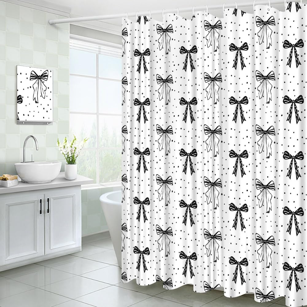 Cute Black Bow Shower Curtain Set For Kids Bathroom - Waterproof 72x72 Inch With Hooks - View #6