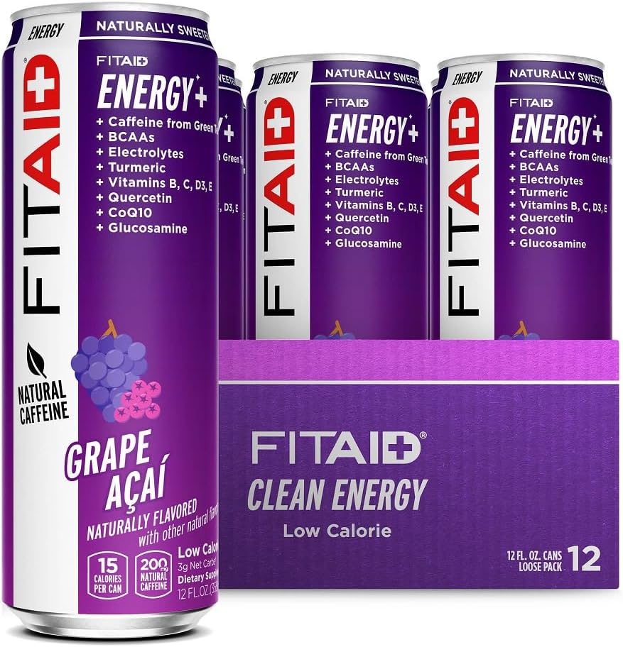 FITAID Energy Grape AÇAI, 200mg Natural Caffeine, Keto, Pre-Workout Performance: BCAAs, Quercetin, Electrolytes, Omega-3s, 15 Calories, Paleo, Vegan & Gluten-Free, 12-oz (Pack of 12)