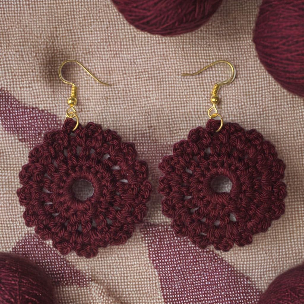 Handmade Crochet Circle Earrings – Burgundy Round Earrings, Lightweight Statement Jewelry for Women, Vintage-Inspired Boho Design, Eco-Friendly Fashion, Perfect for Casual Wear, Festivals & Gifting - Image 2