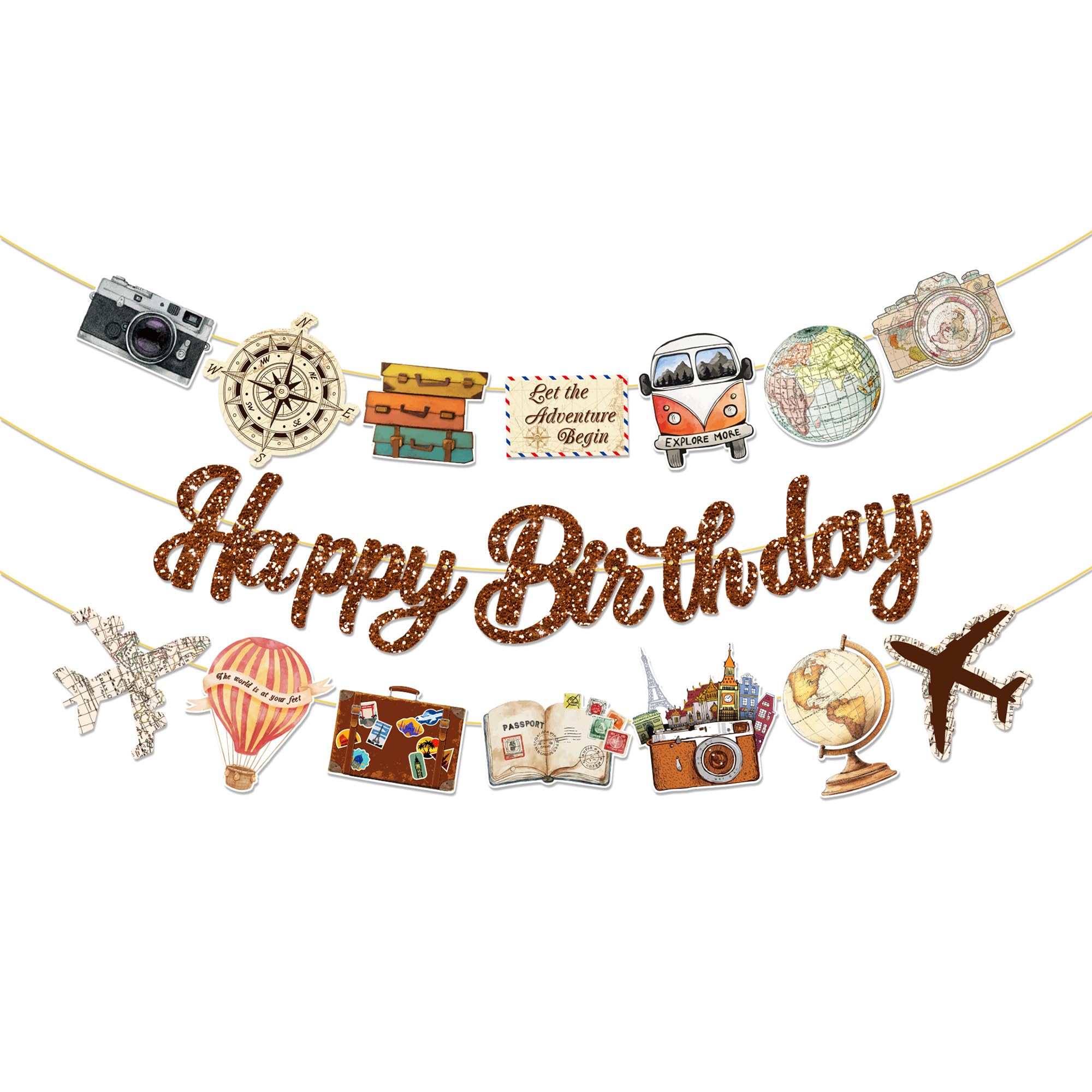 CC HOME 3Pcs Travel Happy Birthday Banner Globe Camera Airplane Party Hanging Banner Retro Travel Theme Birthday Bridal Wedding Baby Shower Boys Girls Kids Home Classroom Party Supplies Decorations