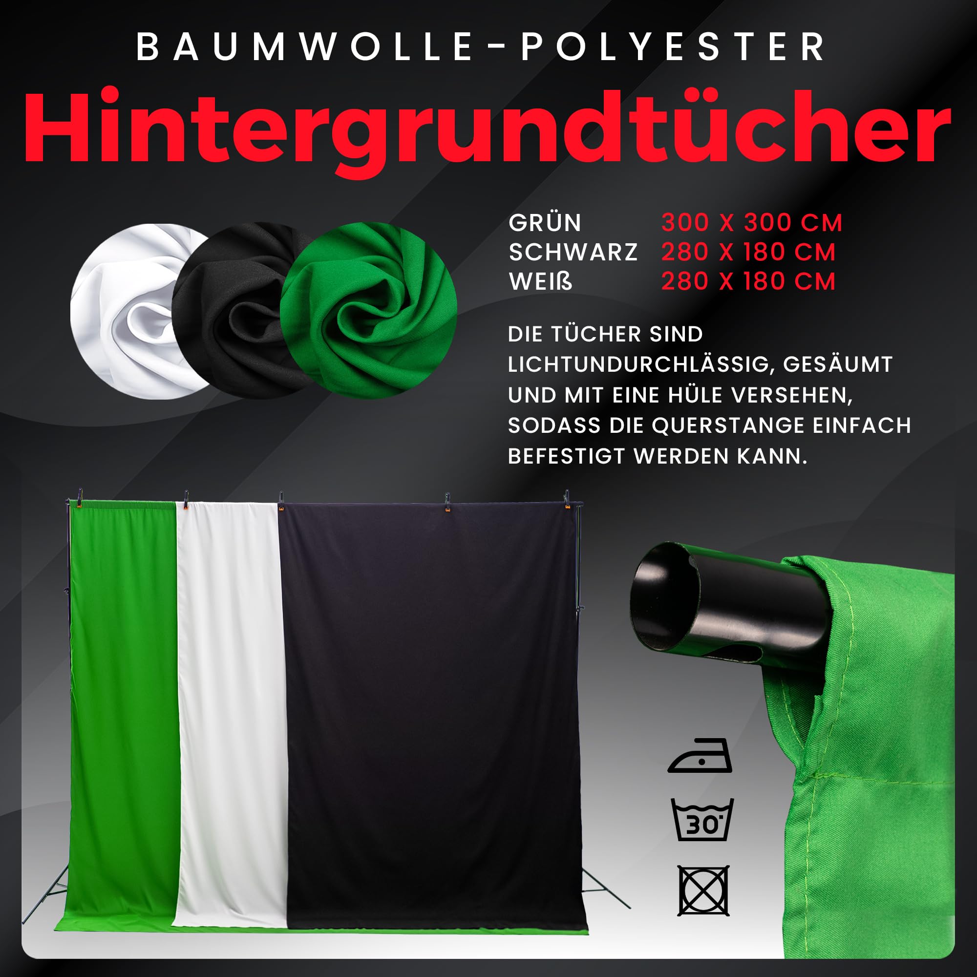 Fotostudio Set - Greenscreen mit Ständer (3m x 3m) – Softbox Durchlichtschirm Lampen Set - 3X Fotohintergrund - Reflektor - Gaming Streaming Fotografie Green Screen - Studiolicht Fotolampe