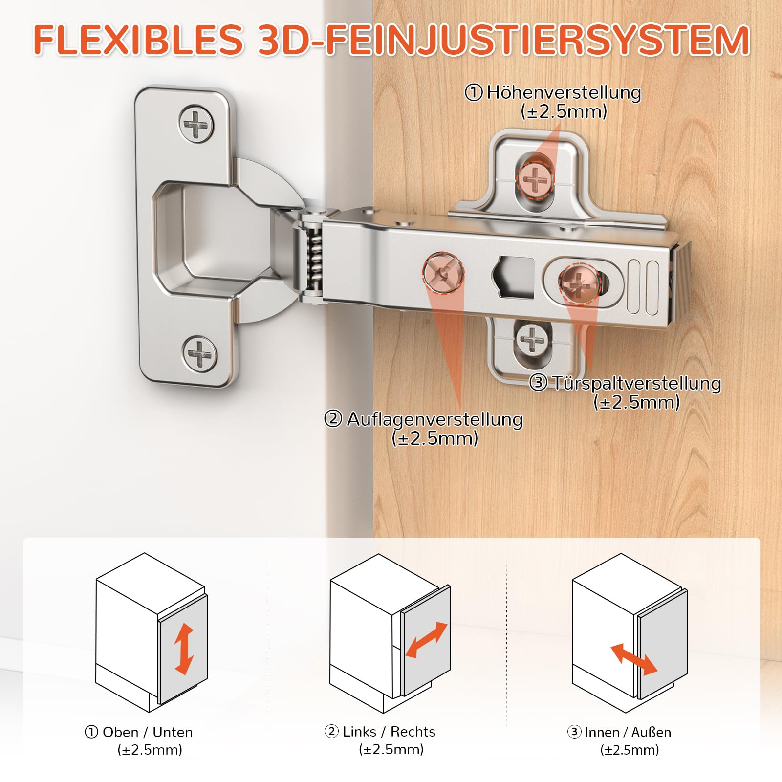 Furniware 2 cerniere ad angolo Softclose, distanza tra i fori di 52 mm, per armadio da cucina, 105 gradi, cerniera a vaso da 35 mm, cerniera per armadio, cerniera per mobili con ammortizzatore
