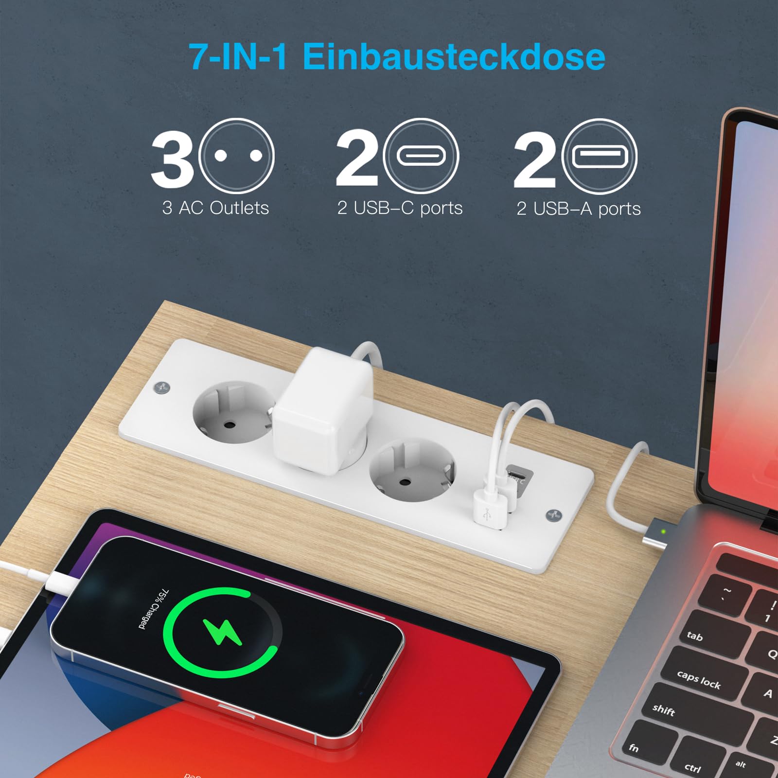 Blat wpuszczane gniazdko z 2 portami USB i 2 typami C, listwa zasilająca z 3 gniazdami do zabudowy, z kablem o długości 2 m, do mebli lub powierzchni roboczych (biała) | Listwa zasilająca z kablem 2 m, gniazdko stołowe, listwa zasilająca do mebli lub blat