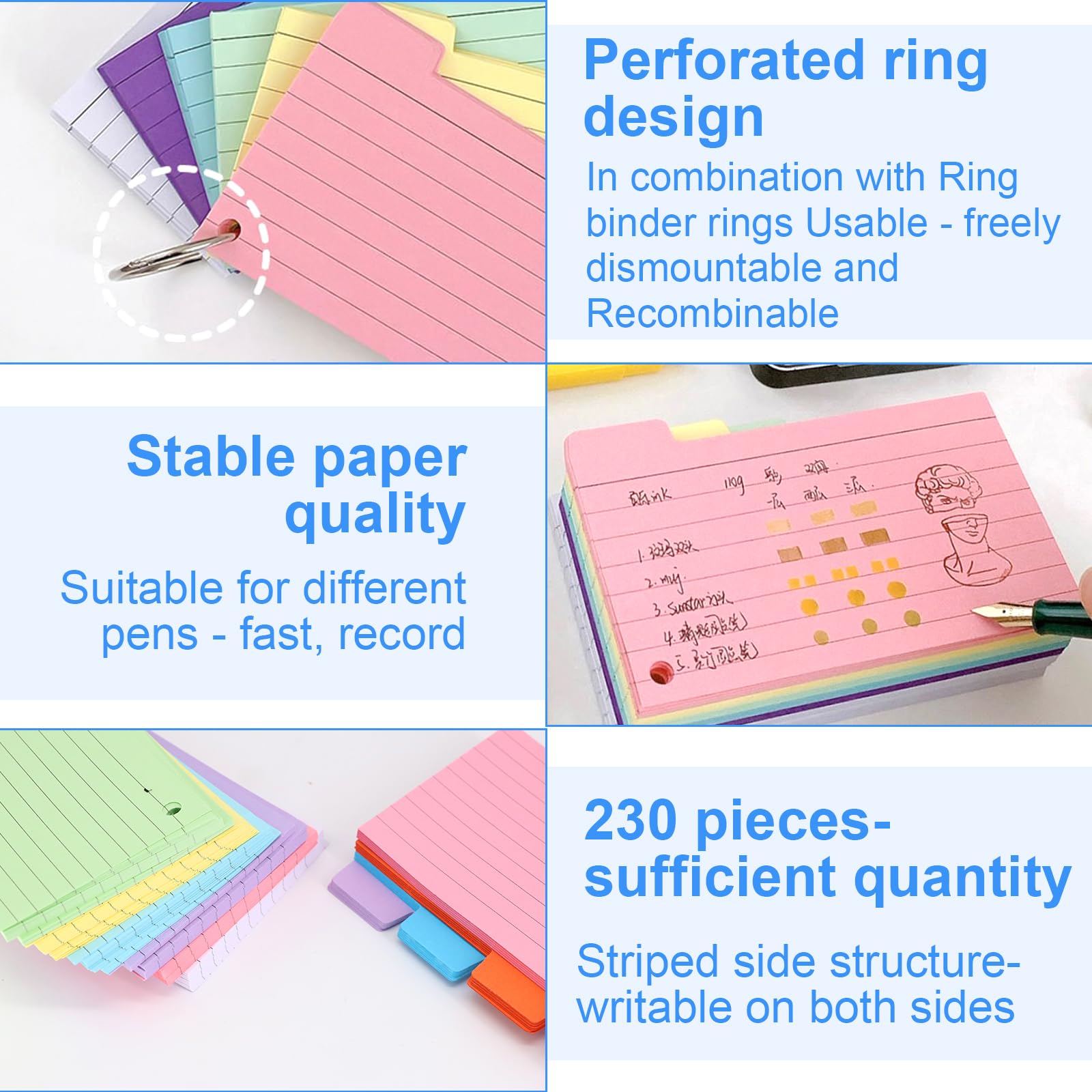 Scatola per Flashcards Nera con 400 Cartoncini Colorati A6, Schede Forate a Righe, 6 Anelli Metallici e Schede Indice A-E, Ideale per Appunti per Ufficio, Scuola, Casa Studio Appunti