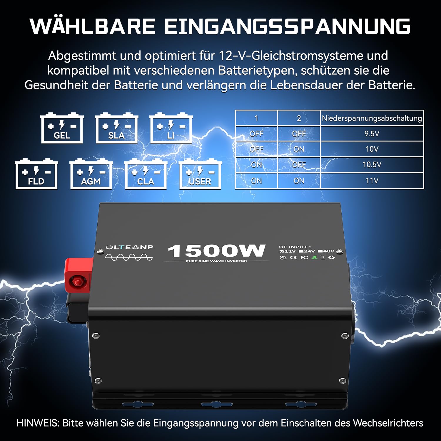 Przetwornica napięcia 1500 W, 12 V na 230 V, czysta sinusoidalna przetwornica napięcia z pilotem LCD – 2 x gniazda AC, USB i typ C – idealny do przyczep kempingowych, na kemping, łódź i w przypadku