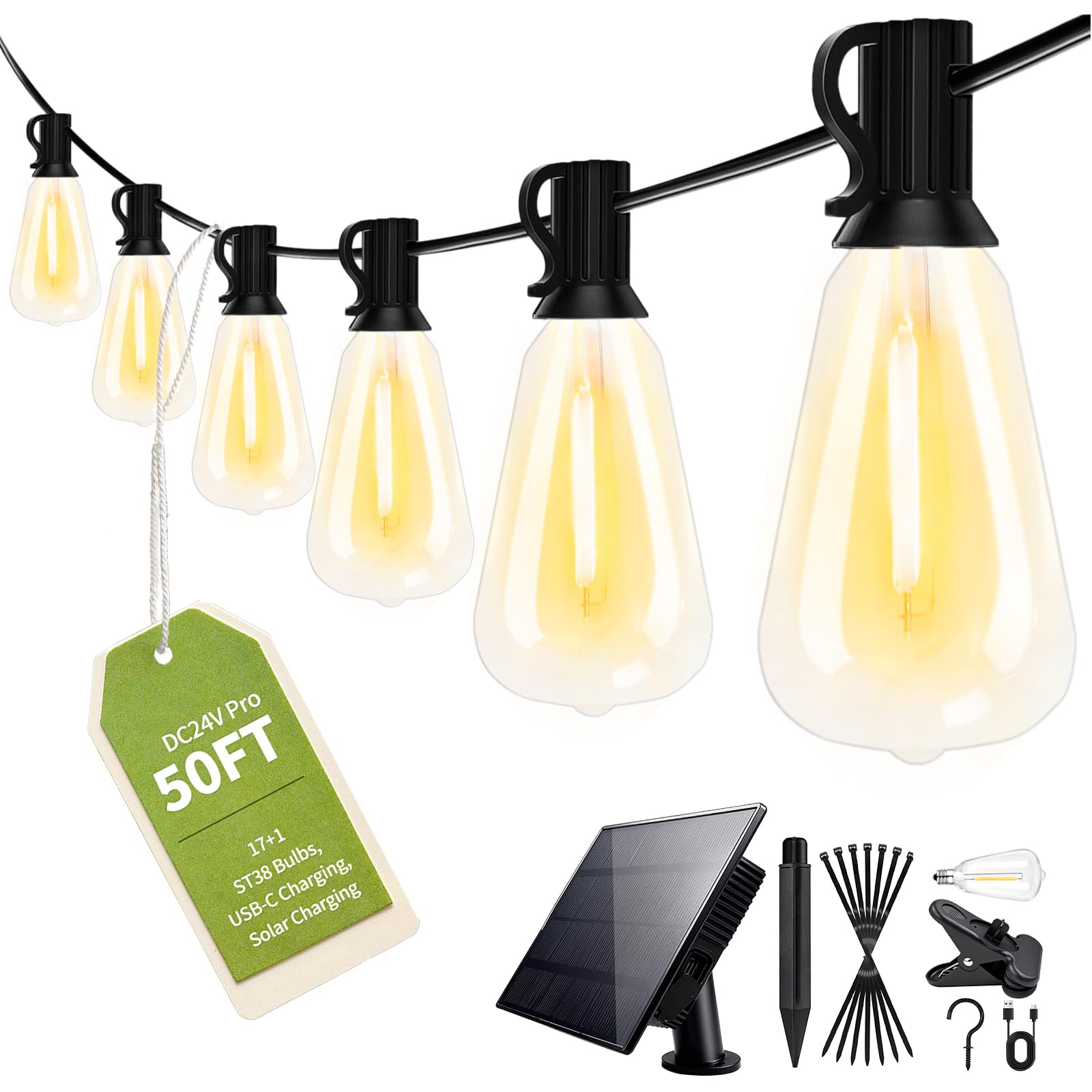 ROMANJOY 15M Solar Lights Outdoor Garden String, Festoon Lights Outdoor Solar Powered, 17+1 Shatterproof ST38 LED Bulbs, 3 Modes Outside Solar Garden Light for Backyard, Patio, 2600mAh