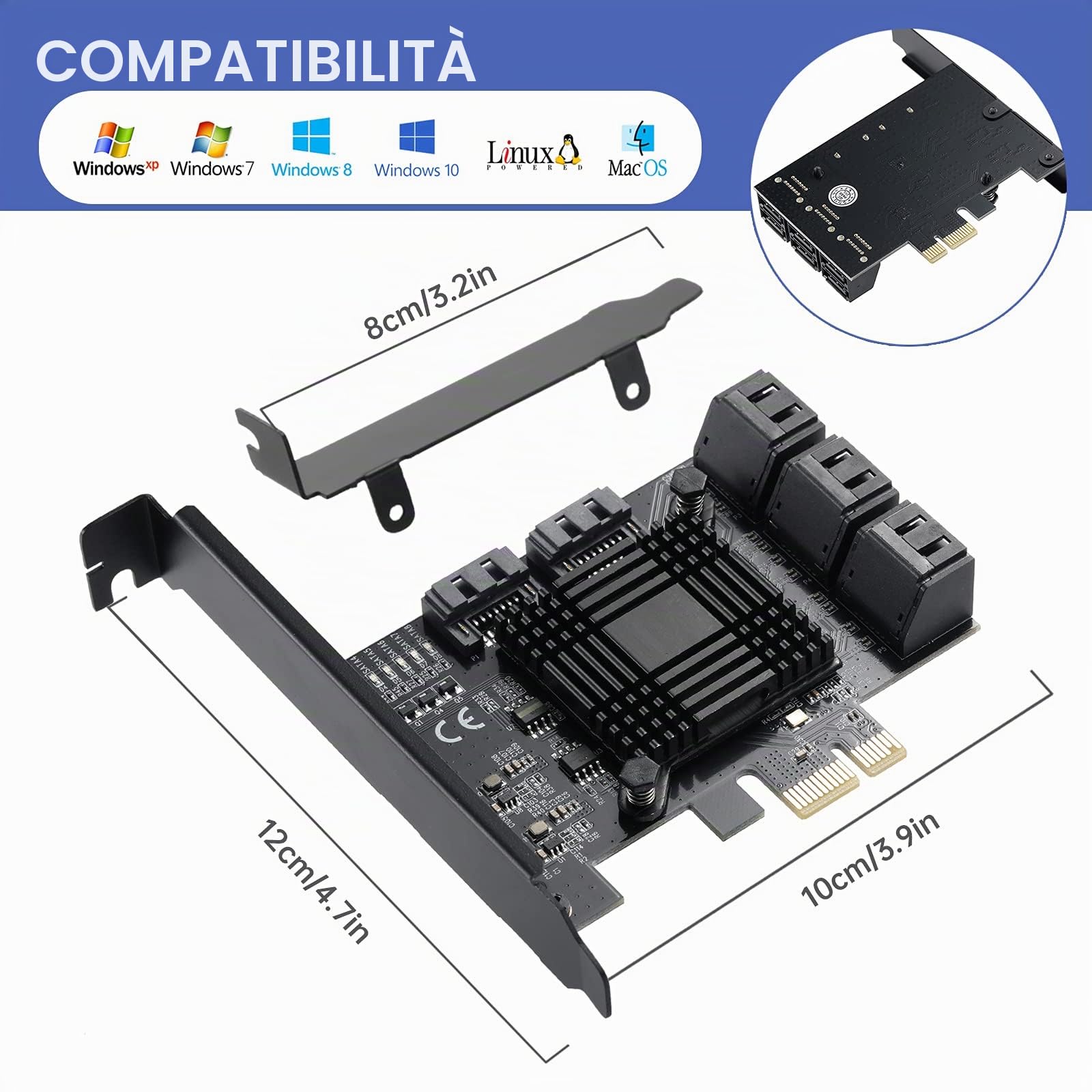 Scheda PCIE 1X SATA a 8 porte, con 8 cavi SATA e staffa a basso profilo, controller PCIE a SATA 3.0 6 Gbps, scheda di espansione PCIE a SATA, controller SATA, scheda PCIE SATA, chip ASM1166+JMB575