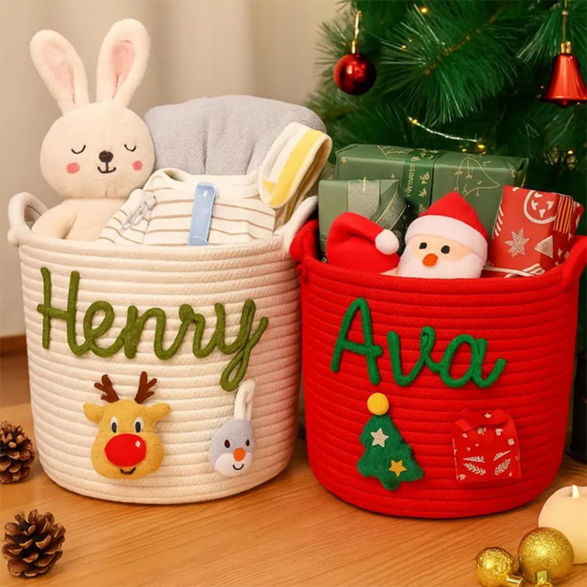 Custom Christmas Gift Basket Baby Name Storage Bin Personalized Cotton Rope Xmas Basket Holiday Decor Newborn Gift Baby Shower Organizer (33 * 23CM)