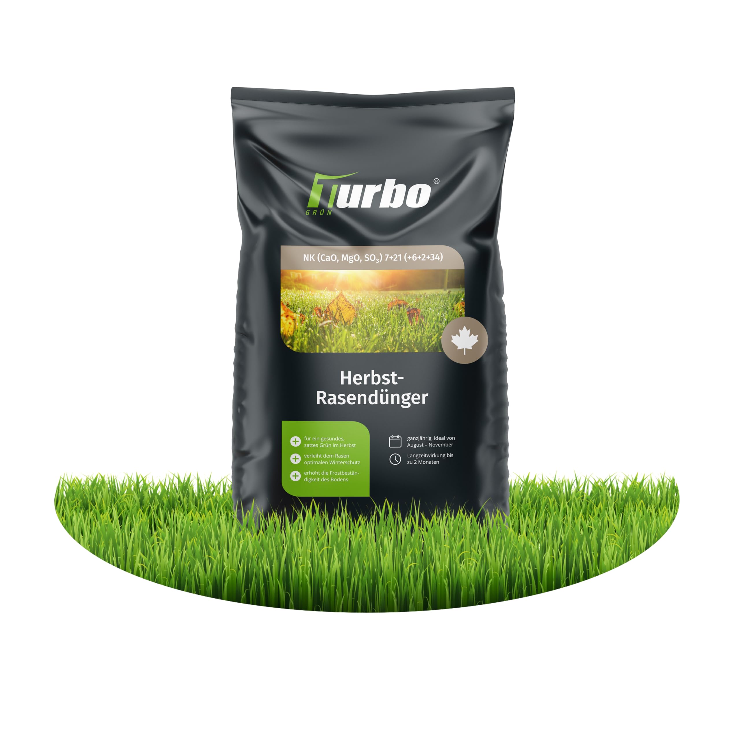 Ein schwarzer Sack Hurbo Herbst-Rasendünger steht auf einer grünen Wiese, mit Produktinformationen und einem Wiesenbild auf der Verpackung.