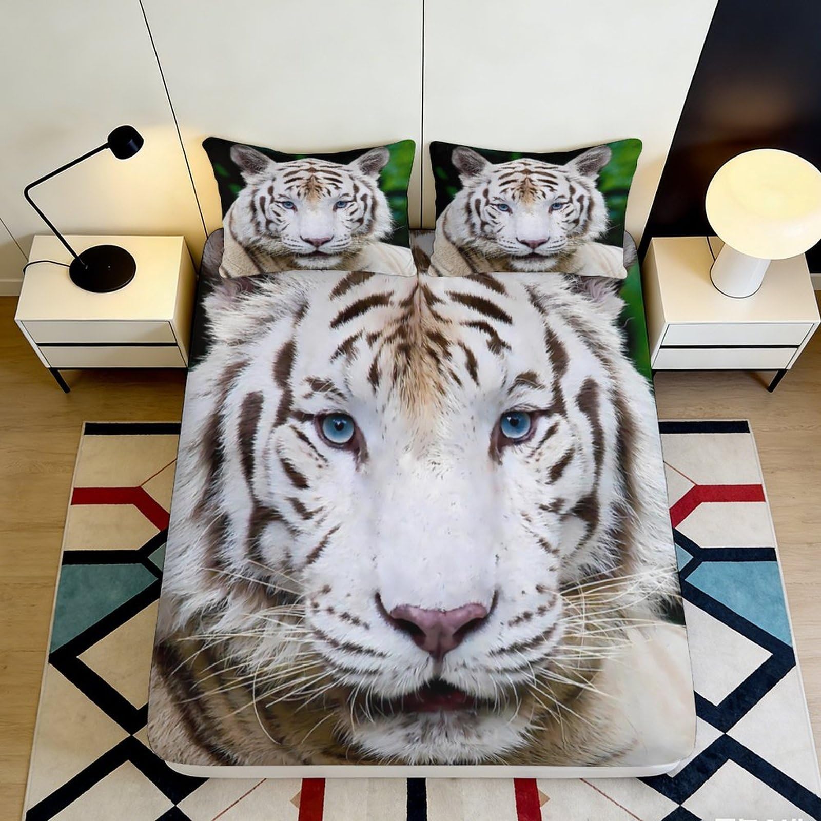 3D Printed White Tiger Fitted Sheet Microfiber Soft Durable Wild Animal Bed Cover for Bedroom Dormitory Guest Room Mattress Protection 140x200x25cm