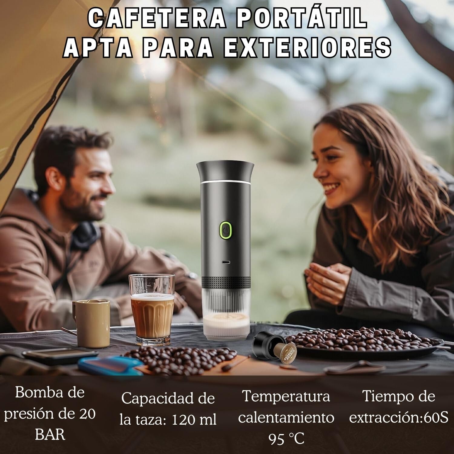 Cafetera Portatil Capsulas 3 en 1 compatible con Nespresso Dolce Gusto y Café Molido - Mini Cafetera Portátil Multicapsulas para Llevar - Maquina Cafe Portatil Pequeña